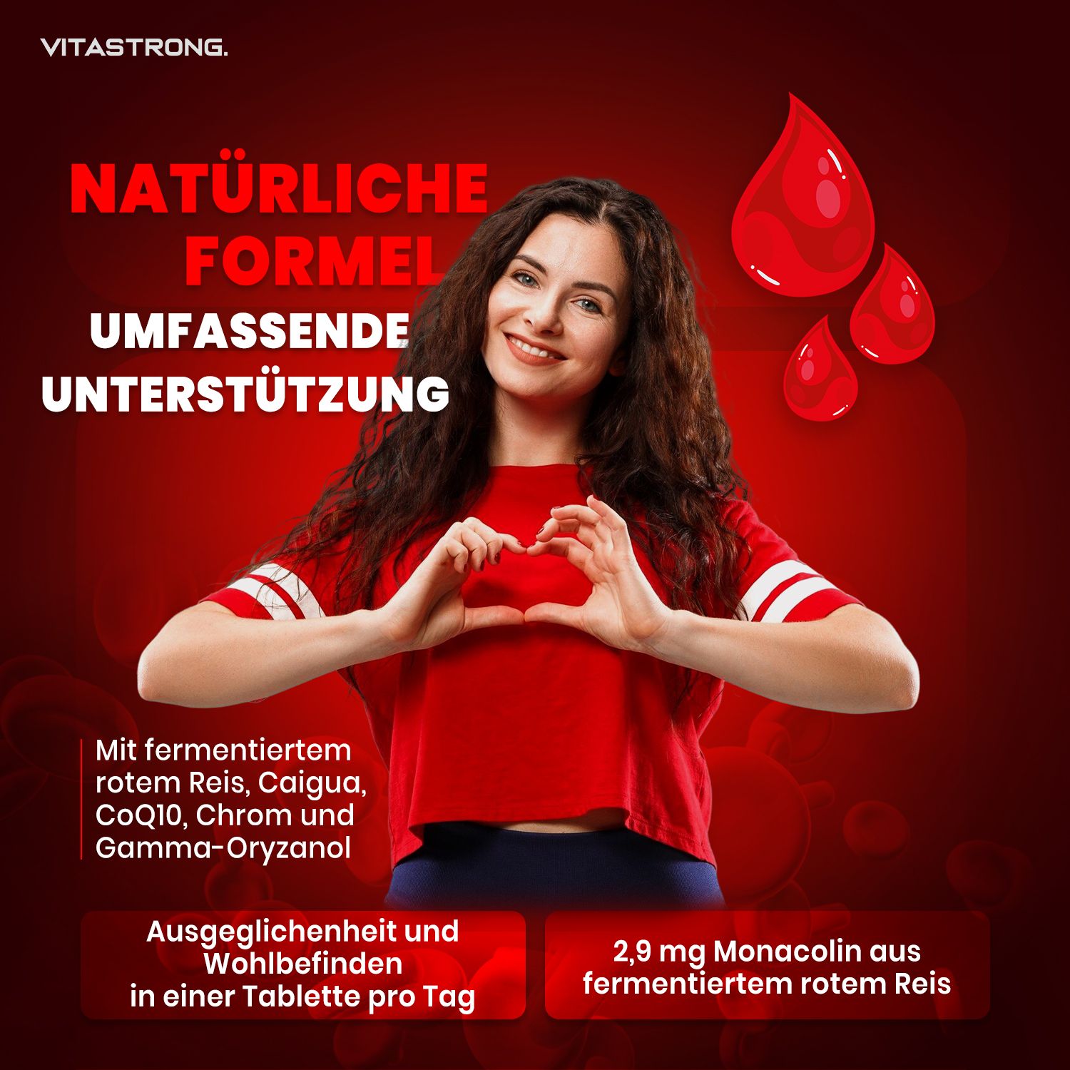Frau mit Herzgeste. Text: Natürliche Formel, umfassende Unterstützung. Mit fermentiertem rotem Reis, Caigua, CoQ10, Chrom und Gamma-Oryzanol.