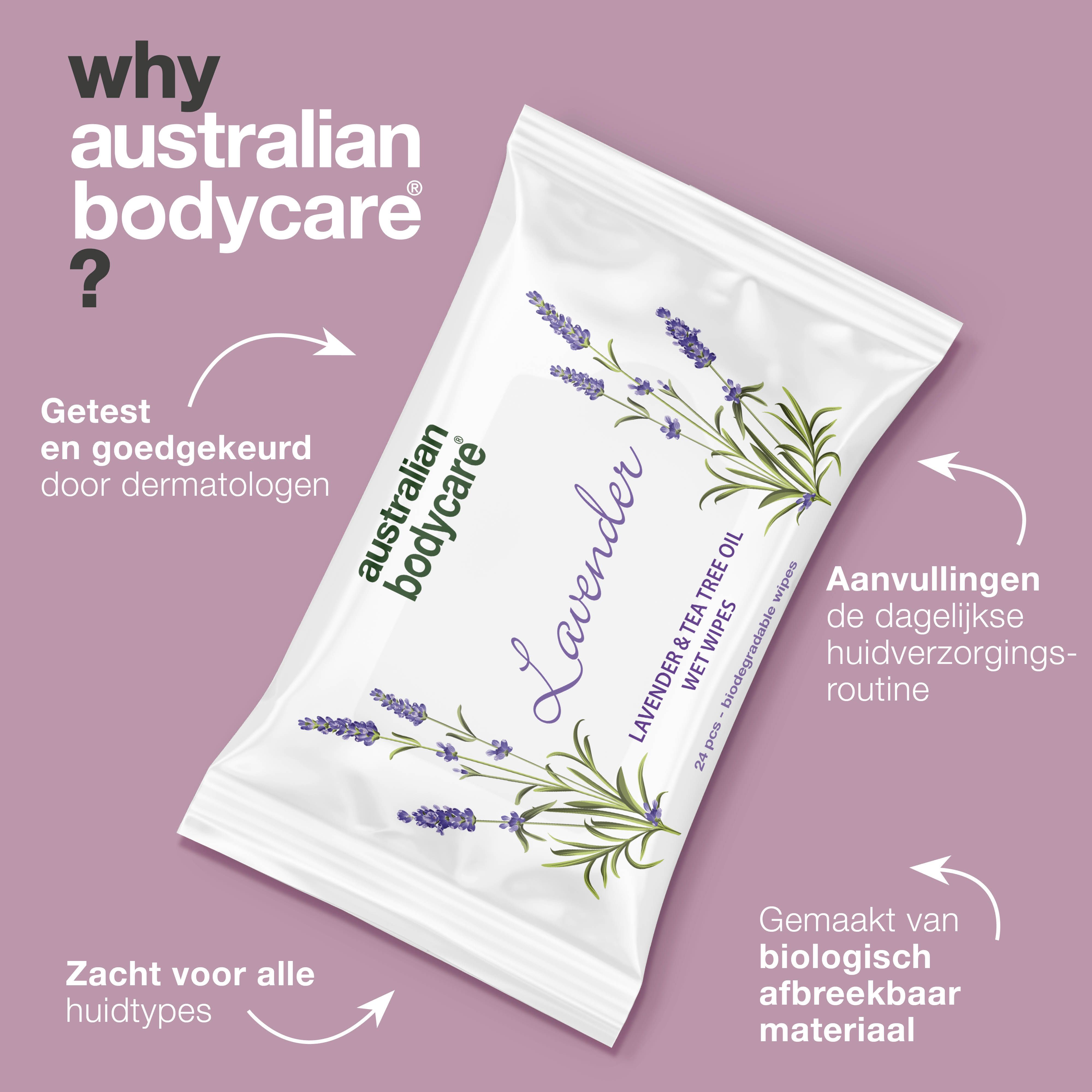 Productverpakking met tekst: "australian bodycare", "Lavender", en pijlen met tekst.