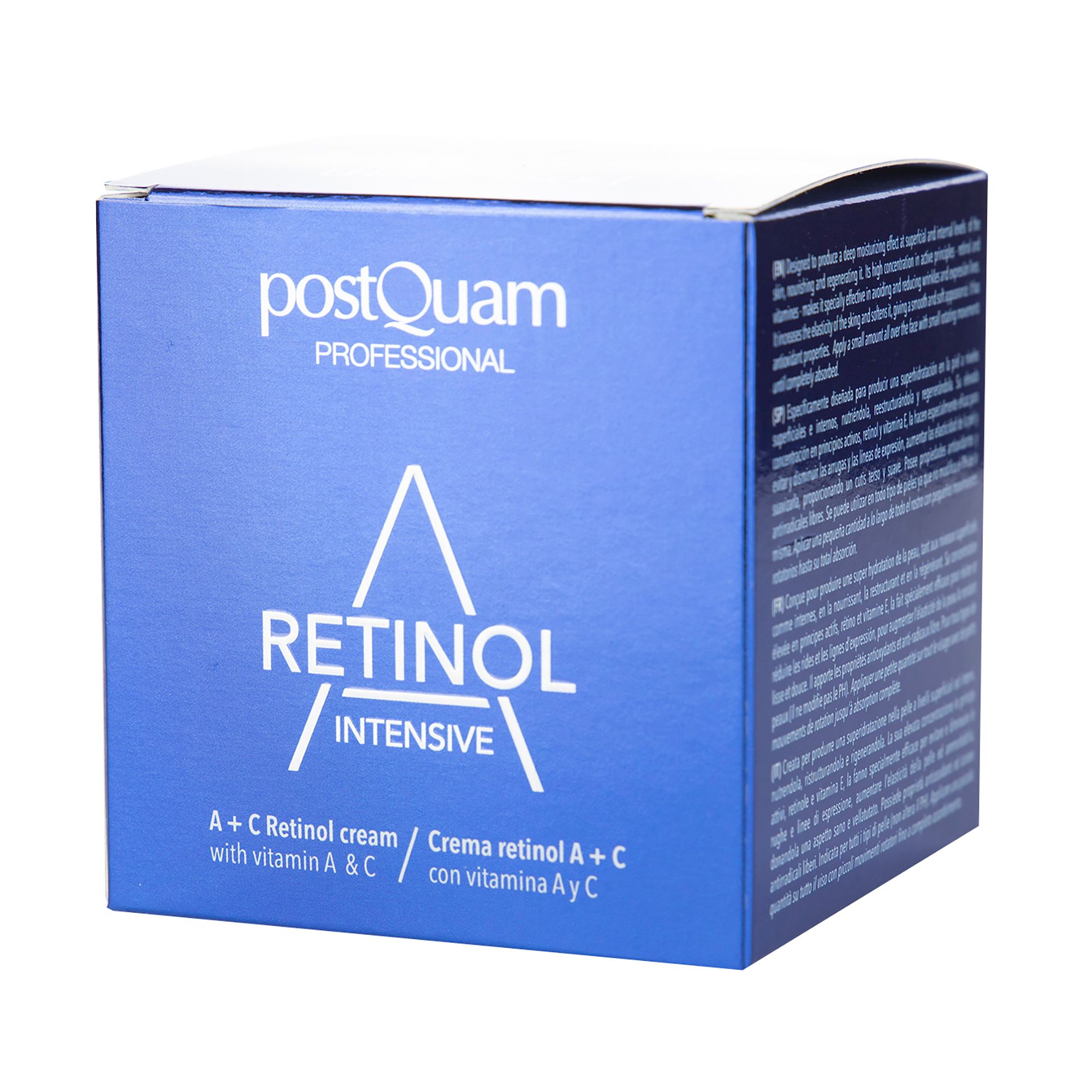 Blaue Schachtel. Aufschrift: Retinol Intensive, A+C Retinol cream with vitamin A & C. Text auf der Seite.