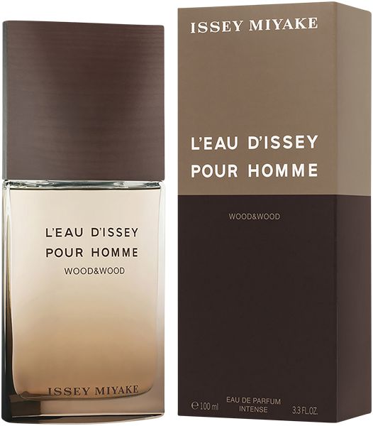 Parfümflakon und Verpackung. Aufschrift: L'Eau d'Issey Pour Homme Wood & Wood. Marke: Issey Miyake. Braun- und Beigetöne.