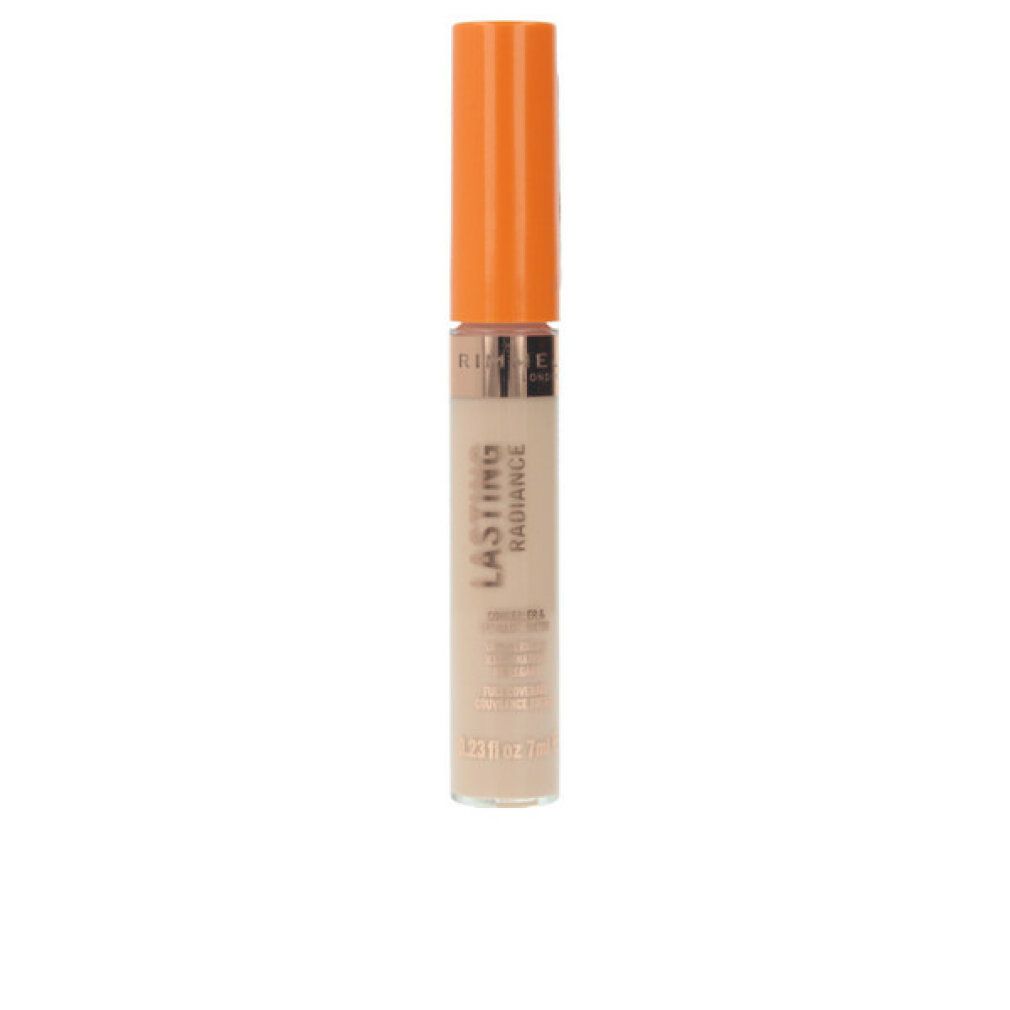 Concealer-Fläschchen mit Applikator. Beige Flüssigkeit, orangefarbener Deckel. Schriftzug: Lasting Radiance, 0.23 fl oz.