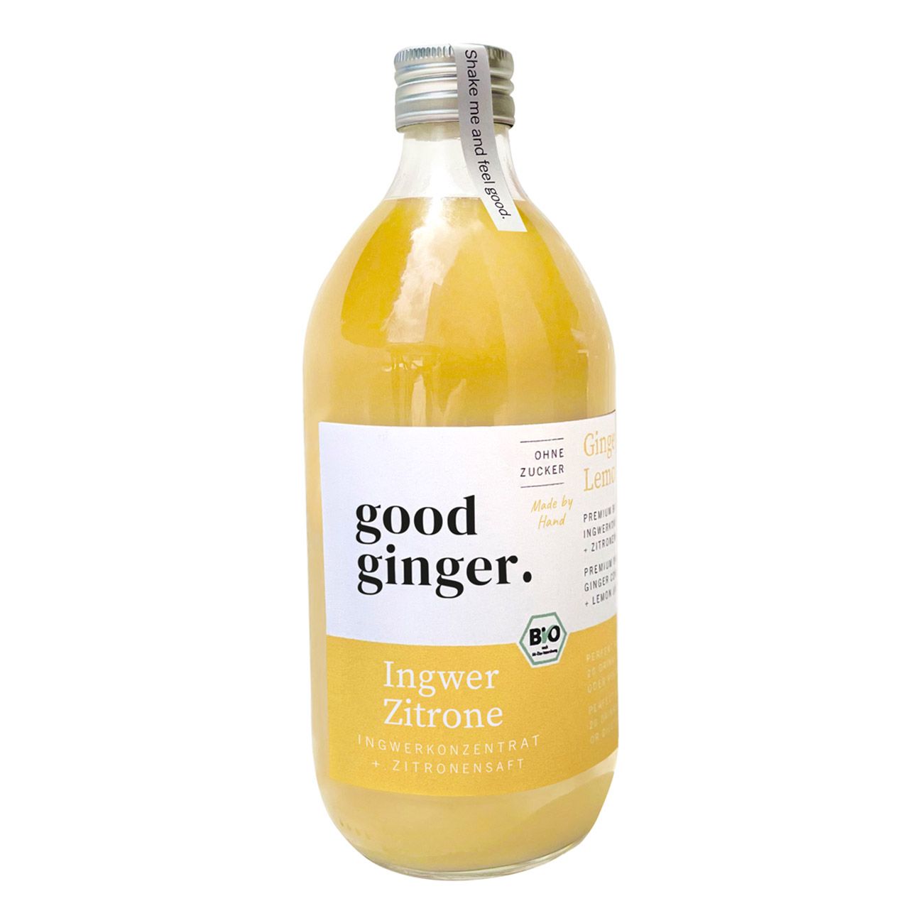 Glasflasche mit gelbem Inhalt. Etikett mit Schriftzug "good ginger.", "Ingwer Zitrone" und Bio-Siegel. Ohne Zucker.