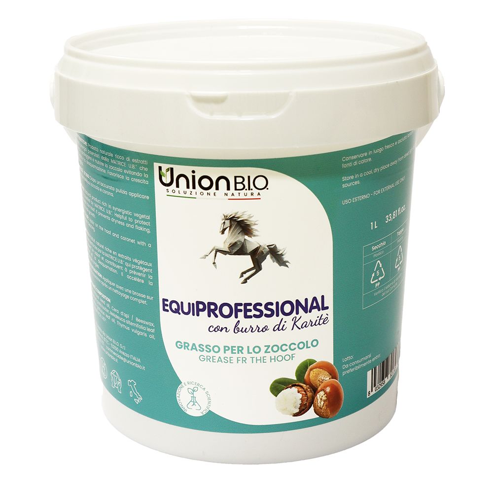 Weißer Eimer mit grünem Etikett. Aufschrift: Union B.I.O. EQUIPROFESSIONAL, mit Shea Butter. Fett für den Huf.