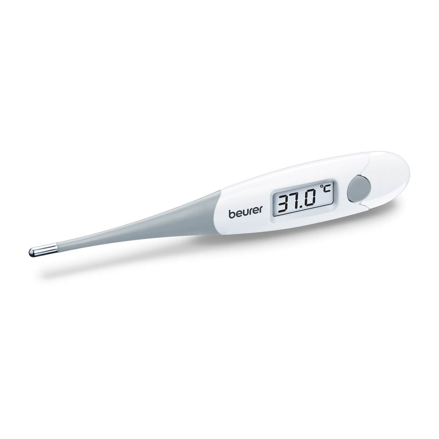 Digitales Fieberthermometer von Beurer in Weiß/Grau mit 37.0°C Anzeige.