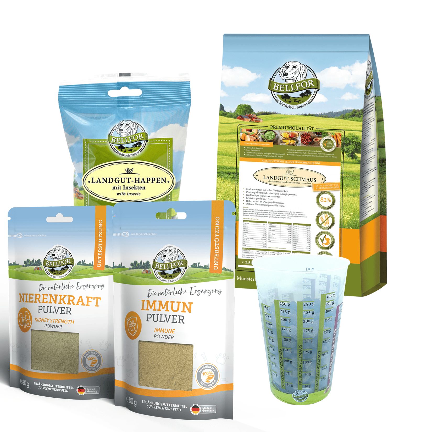 Mehrere Bellfor-Produkte: Trockenfutter-Beutel, Snacks, Pulver-Beutel und Messbecher. Aufdrucke: Bellfor, Landgut-Happen, Nierenkraft, Immun Pulver.