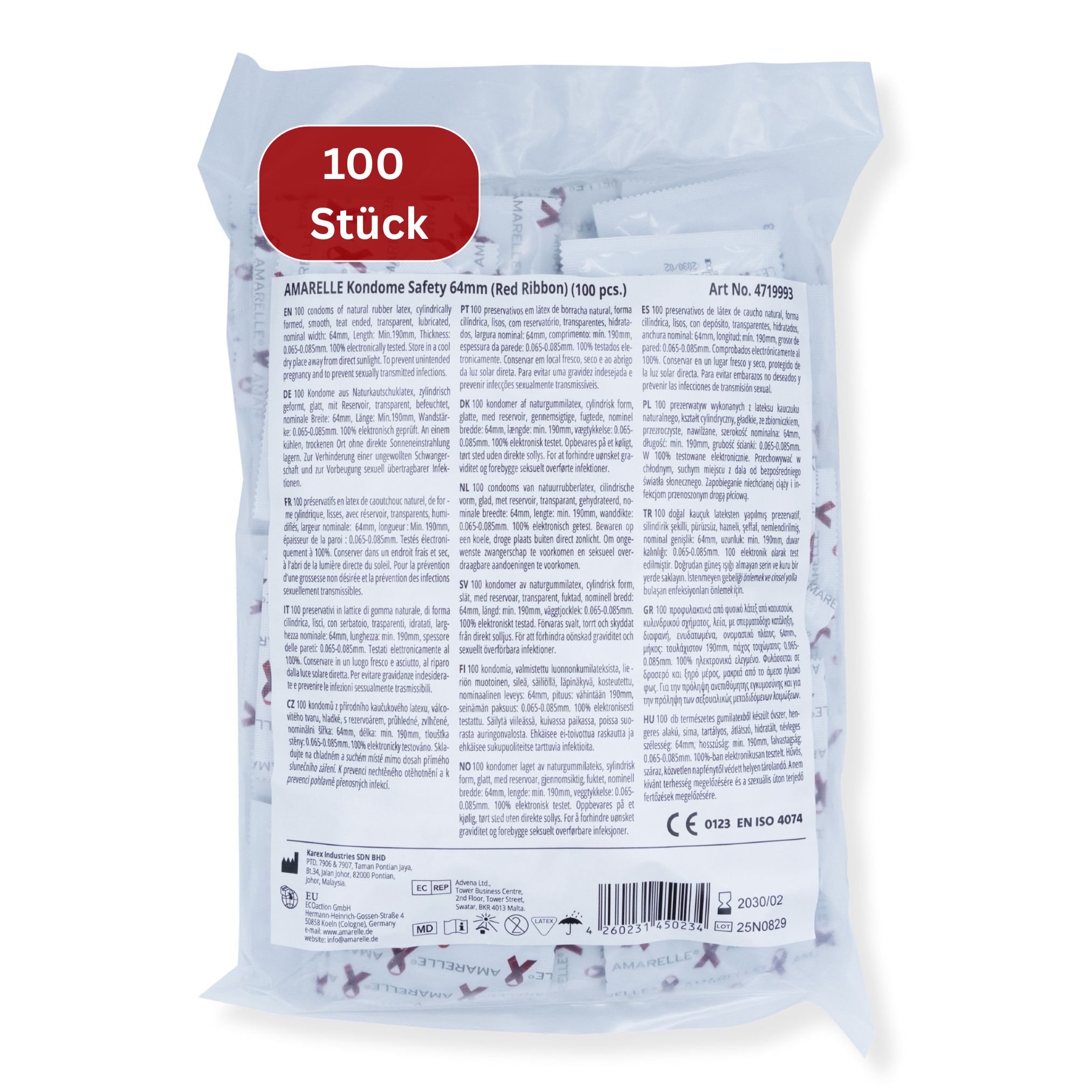 Rückseite der Verpackung mit Text. AMARELLE Kondome Safety 64mm. Text in mehreren Sprachen. Oben links: "100 Stück".