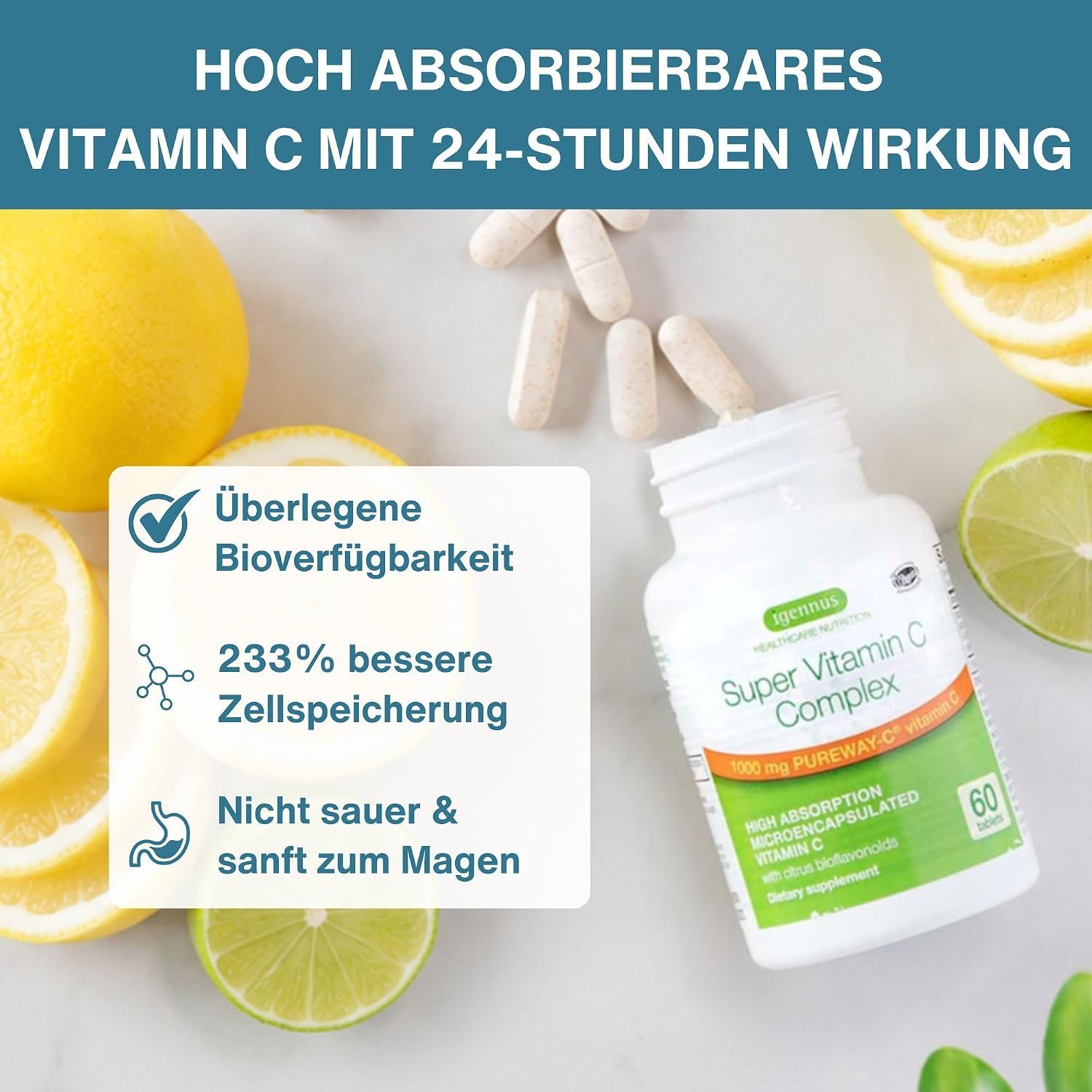 Flasche mit Vitamin C Tabletten, umgeben von Zitrusfrüchten und Papaya.