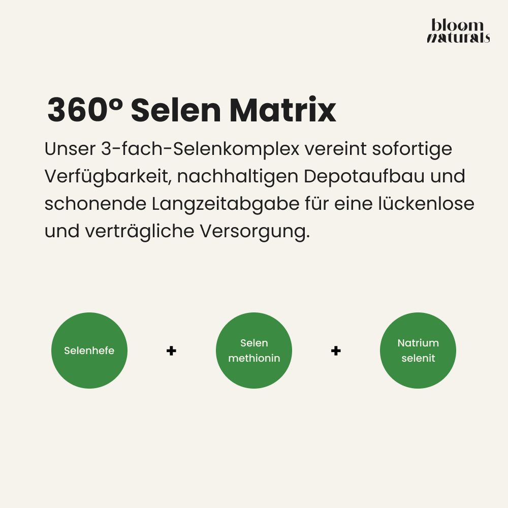 Grafik '360° Selen Matrix' mit Selenhefe, Selenmethionin, Natriumselenit.