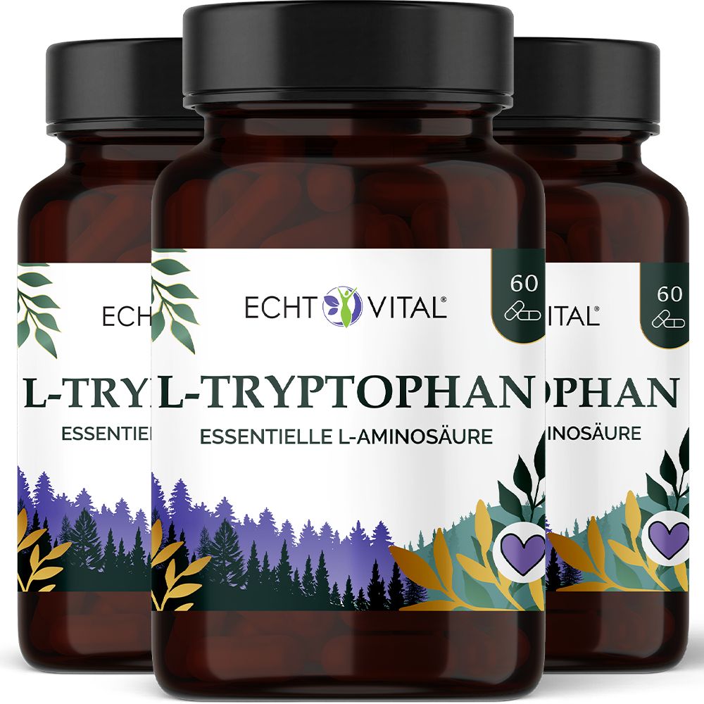 Drei Flaschen L-Tryptophan, essentielle Aminosäure, mit schwarzem Deckel und Etikett mit Waldmotiv.