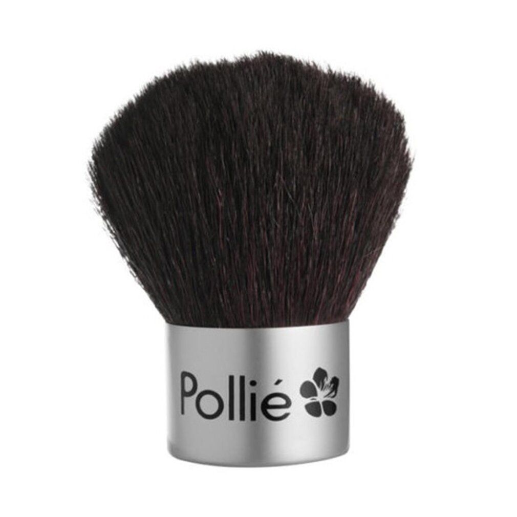 Runder Make-up Pinsel mit dunklen Borsten und silberfarbener Hülse. Auf der Hülse steht "Pollie" und ein Blumen-Symbol.