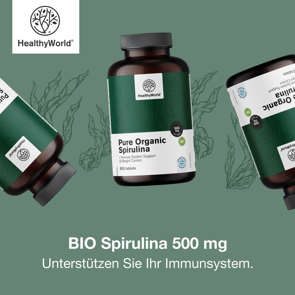 Drei Flaschen mit Tabletten. Aufschrift: BIO Spirulina 500 mg. Unterstützen Sie Ihr Immunsystem.
