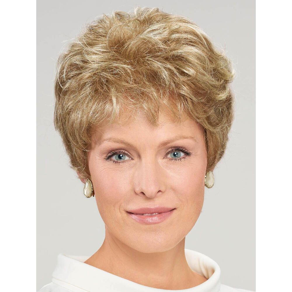 Kurze, blonde Perücke mit welligem Haar.