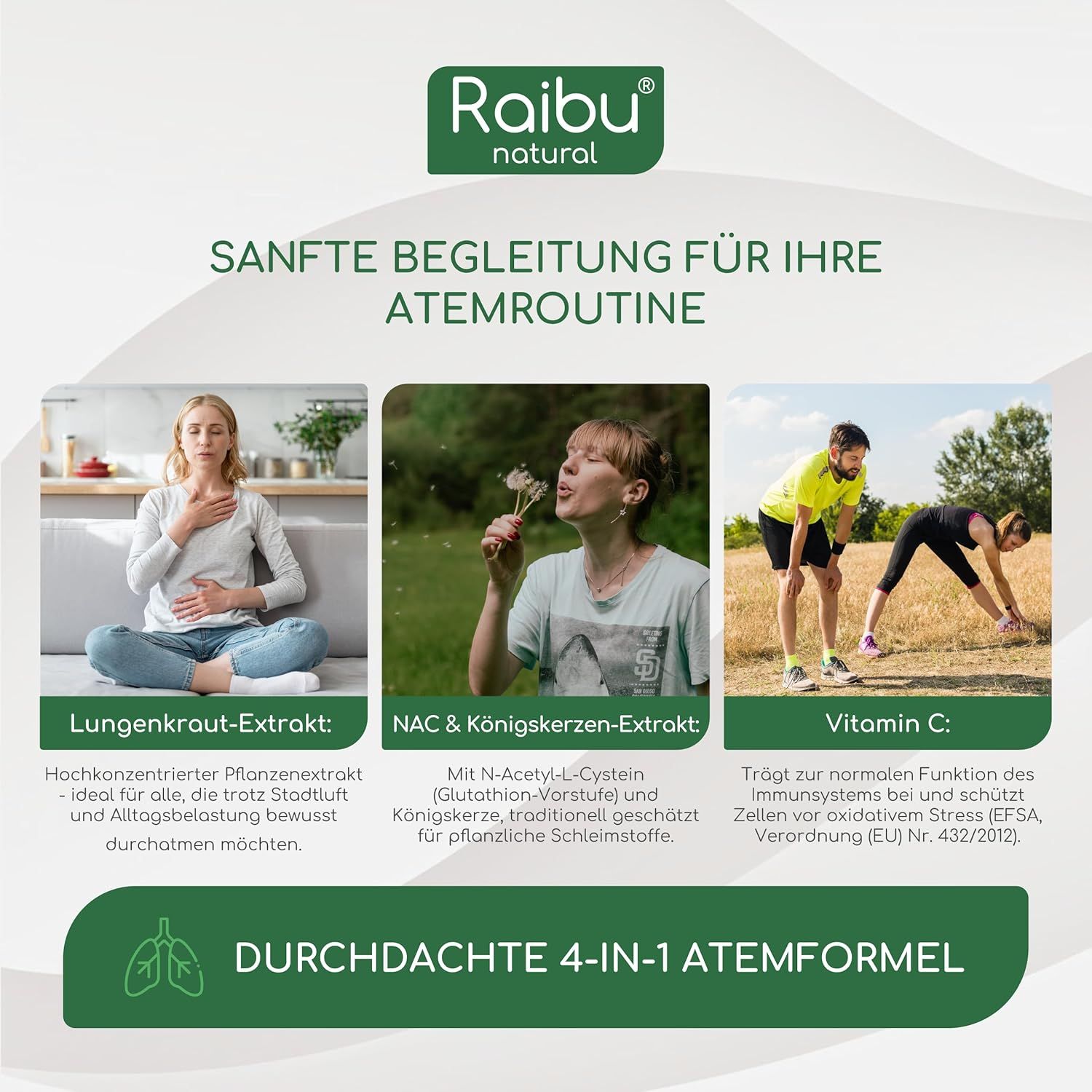 Werbefläche mit drei Bildern. Frauen bei Atemübungen. Text: Lungenkraut-Extrakt, NAC & Königskerzen-Extrakt, Vitamin C. 4-in-1 Atemformel.