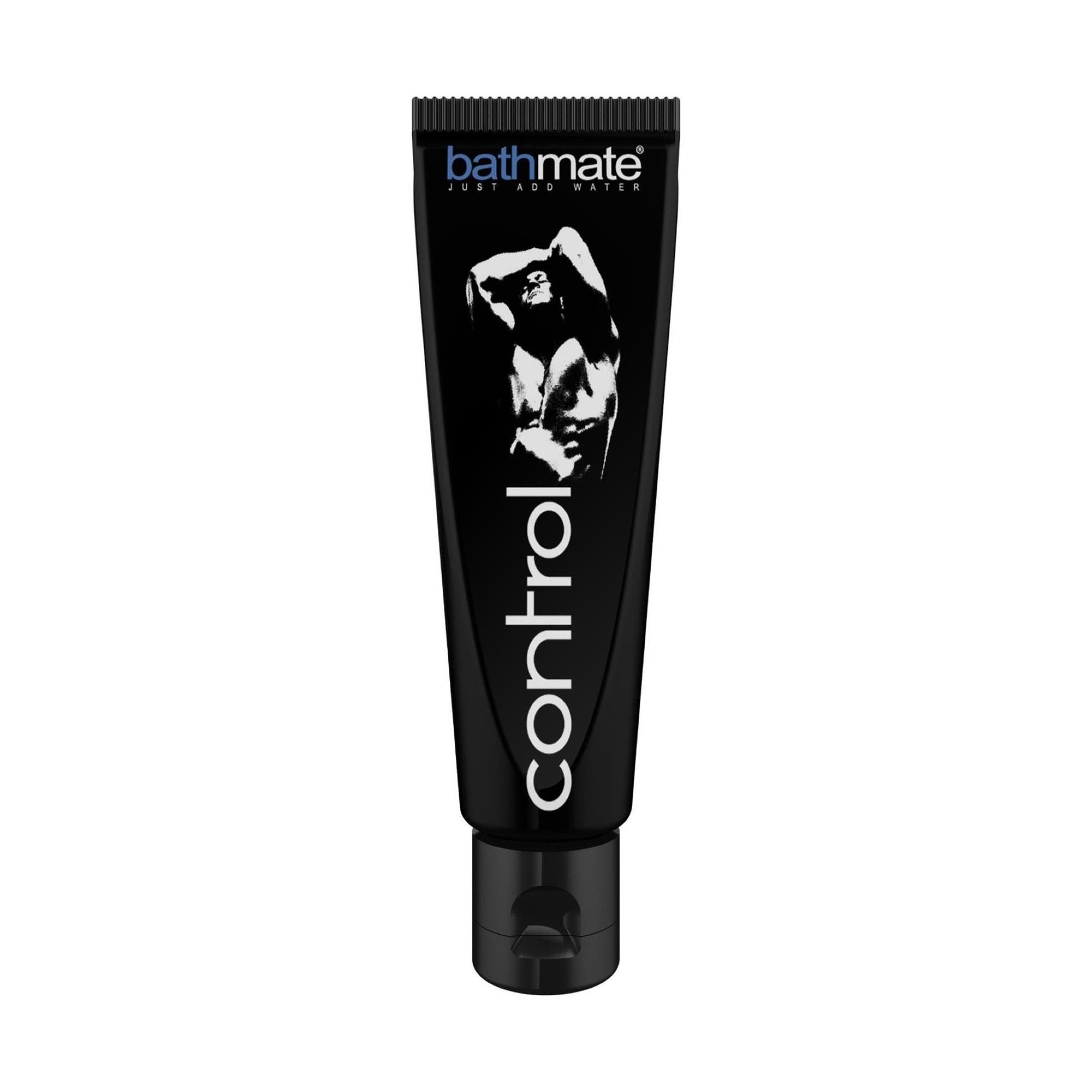 Schwarze Tube mit weißem Aufdruck. Oben steht "bathmate", darunter "control". Abbildung eines Mannes. Schwarzer Verschluss.