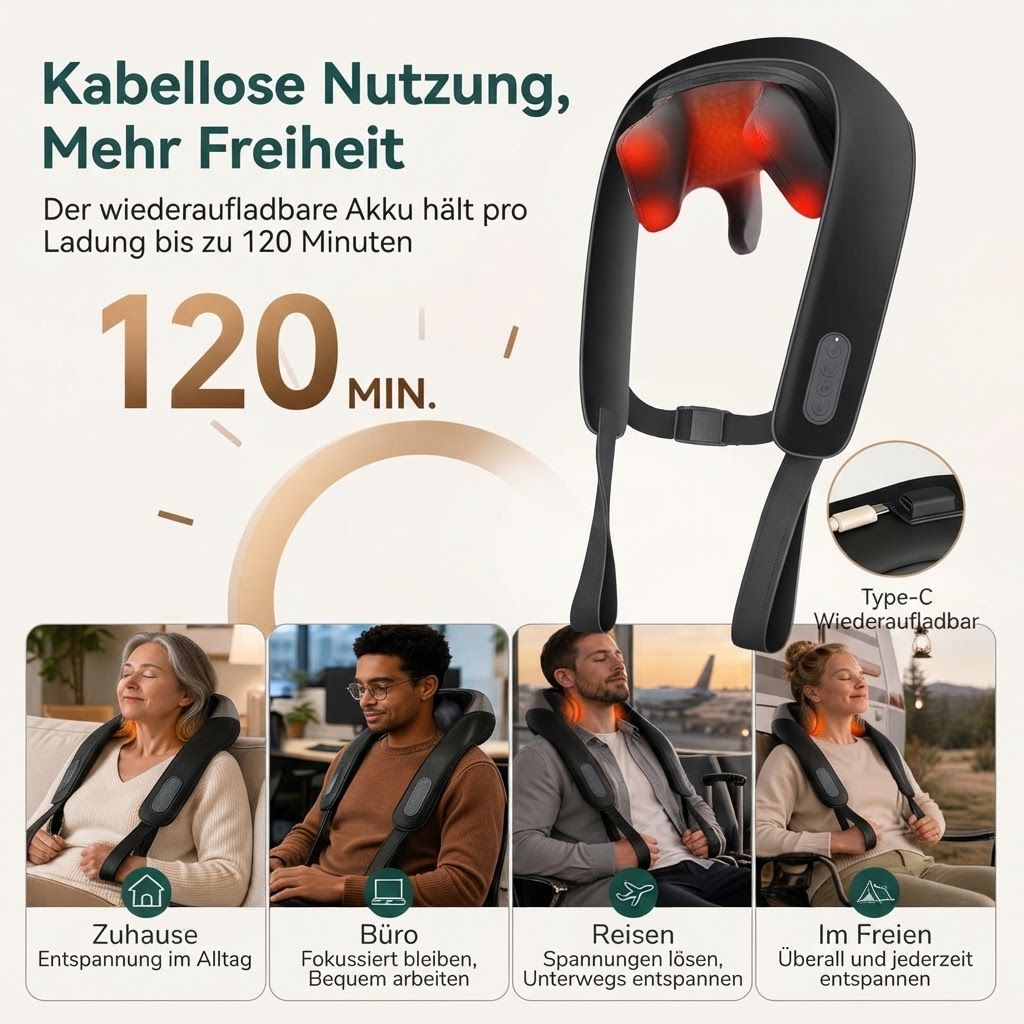 Elektrisches Massagegerät mit rotierendem Kopf, 3 Aufsätzen und Geschwindigkeitsregler.