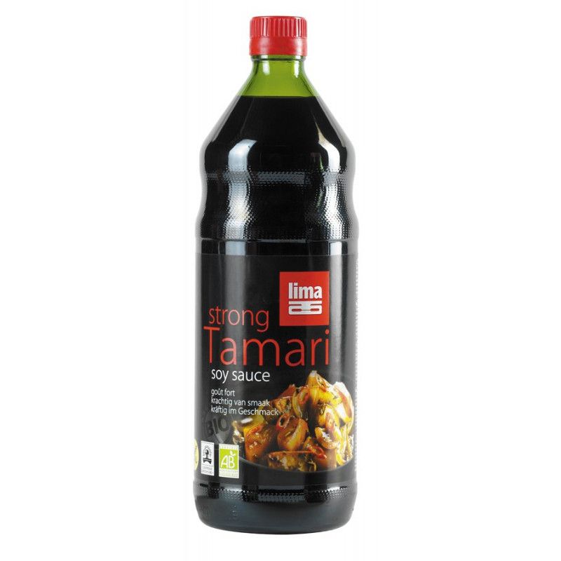 Dunkle Flasche mit rotem Verschluss. Aufschrift: "strong Tamari soy sauce". Abbildung von Speisen.