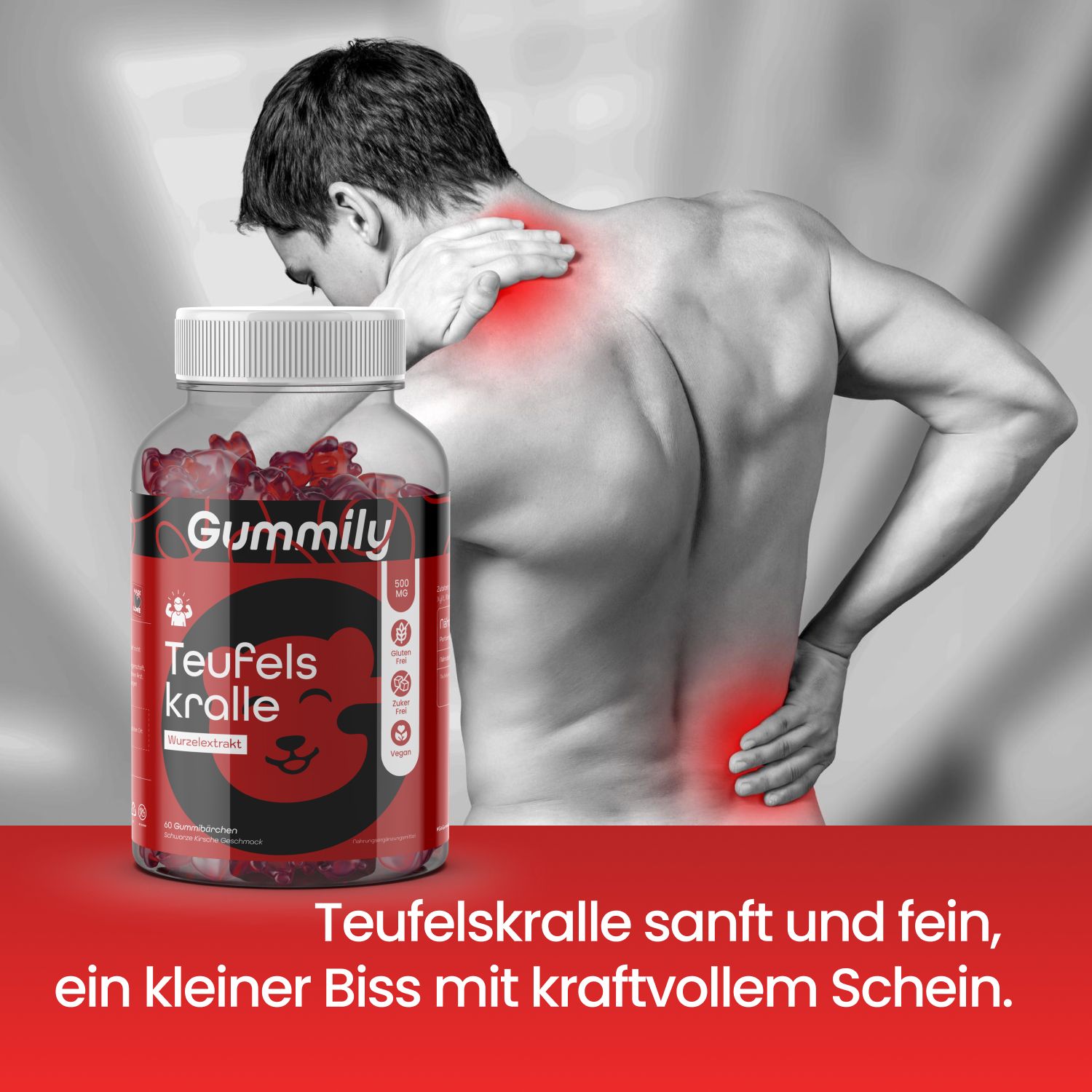 Produktflasche neben einem Mann mit Schmerzen. Text: "Teufelskralle sanft und fein, ein kleiner Biss mit kraftvollem Schein."