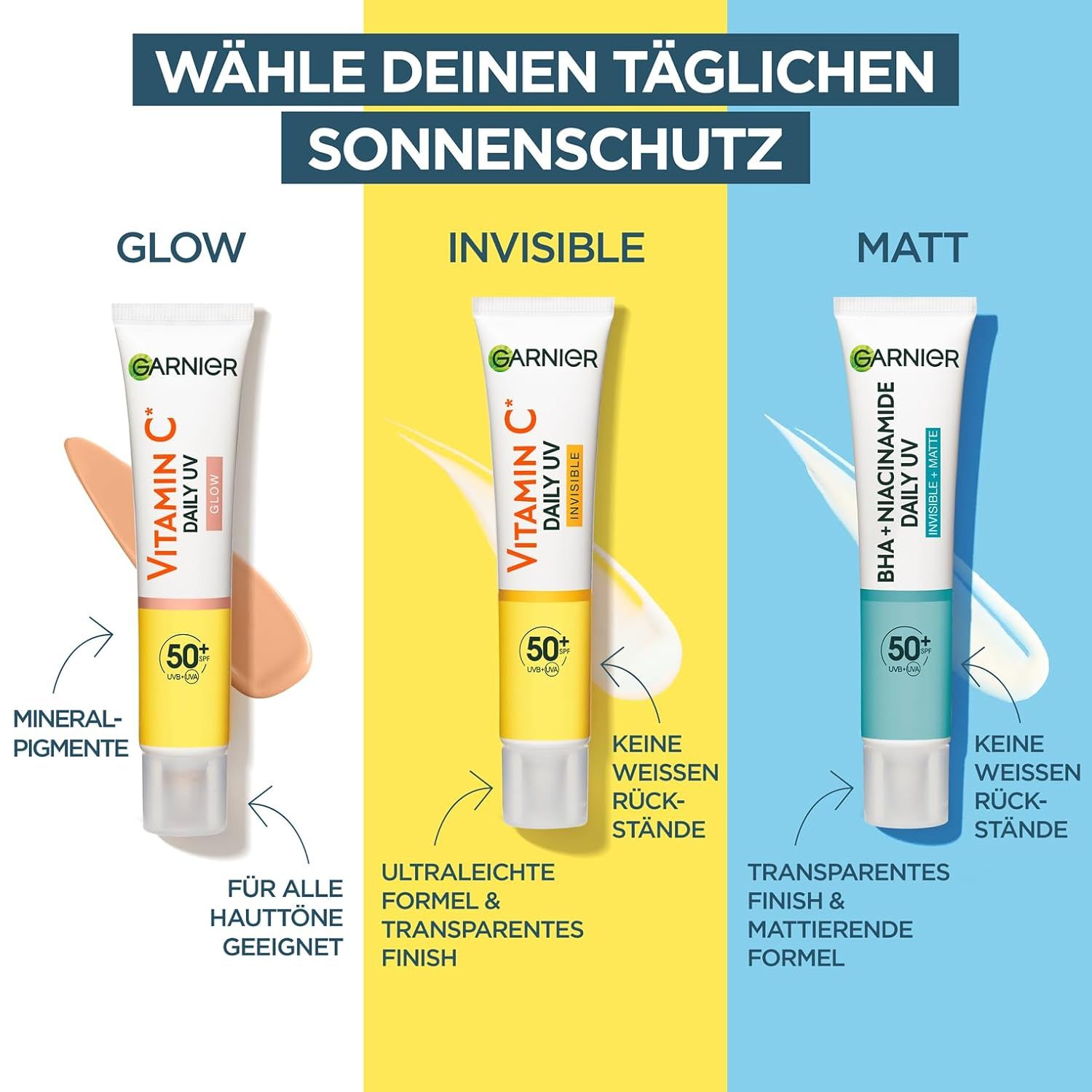 Drei Tuben Sonnenschutzcreme. Links: Glow, Mitte: Invisible, rechts: Matt. Alle mit 50+ SPF, Garnier, Daily UV.