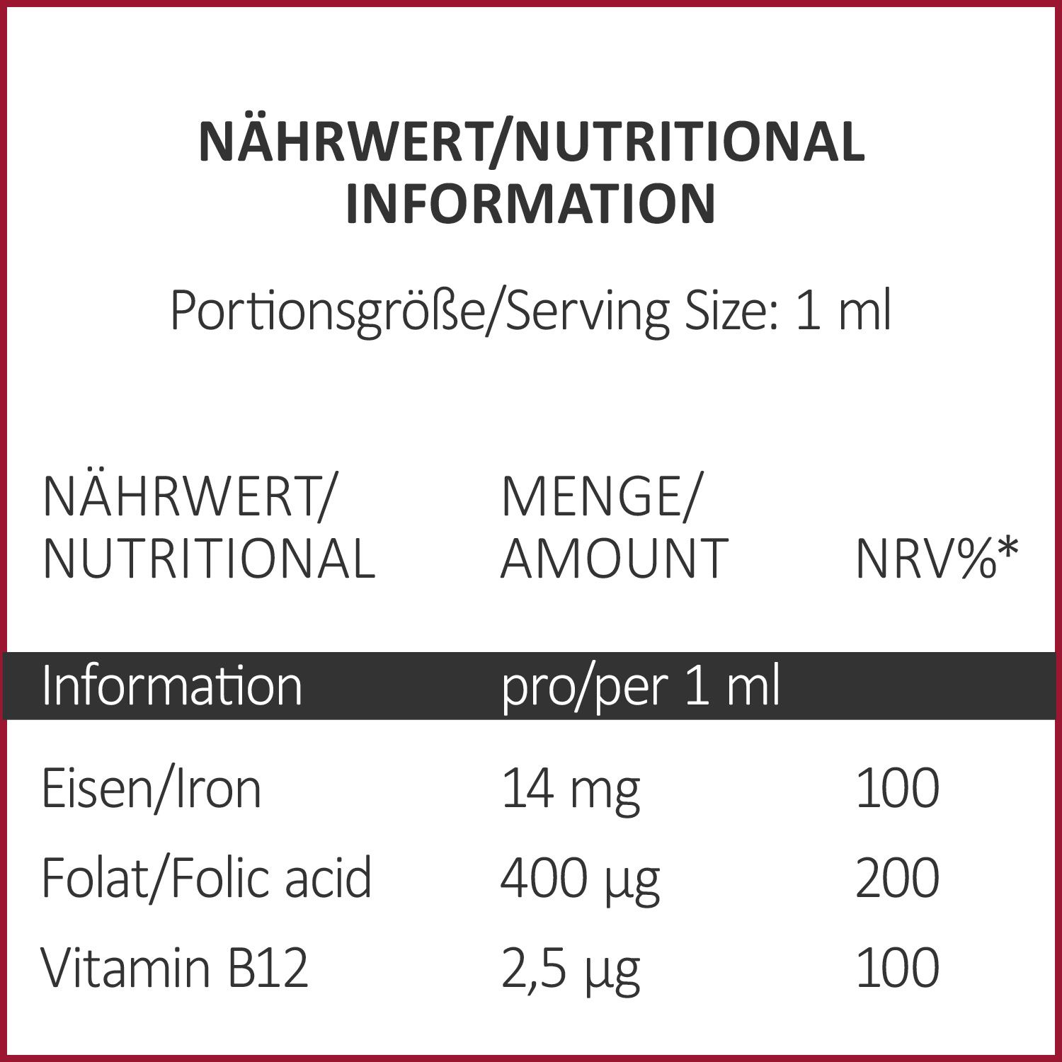 Nährwertinformationen für ALP NUTRITION Eisentropfen: Eisen, Folsäure, Vitamin B12 pro 1 ml.