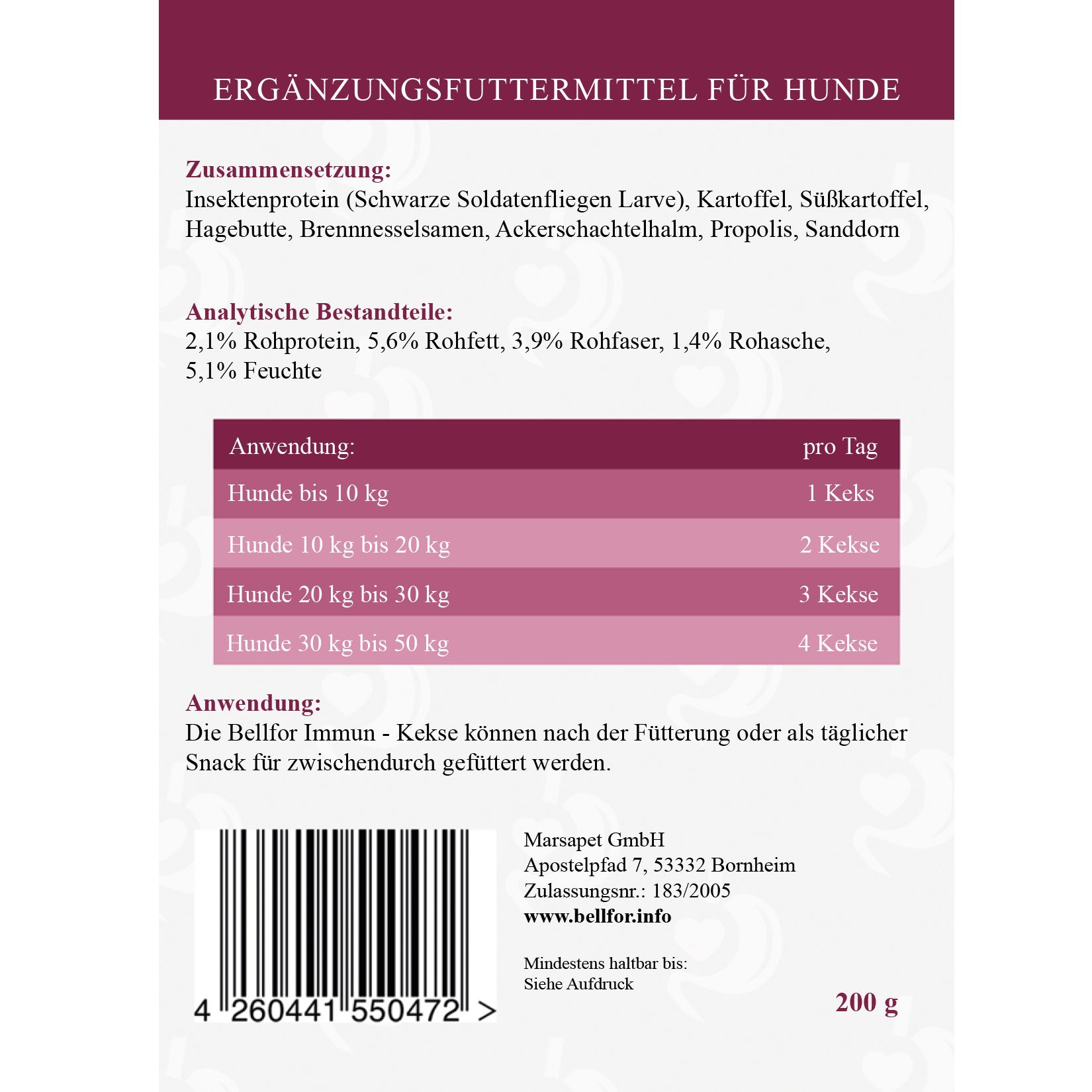 Rückseite der Verpackung mit Inhaltsstoffen und Anwendungshinweisen. Barcode und Gewichtsangabe.