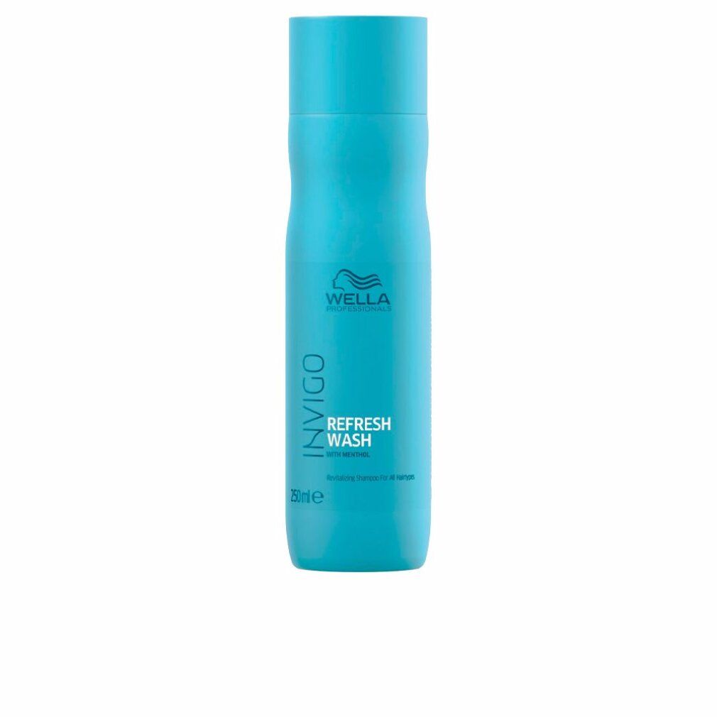 Hellblaue Shampoo-Flasche. Aufschrift: Invigo Refresh Wash, Wella Professionals. 250ml.