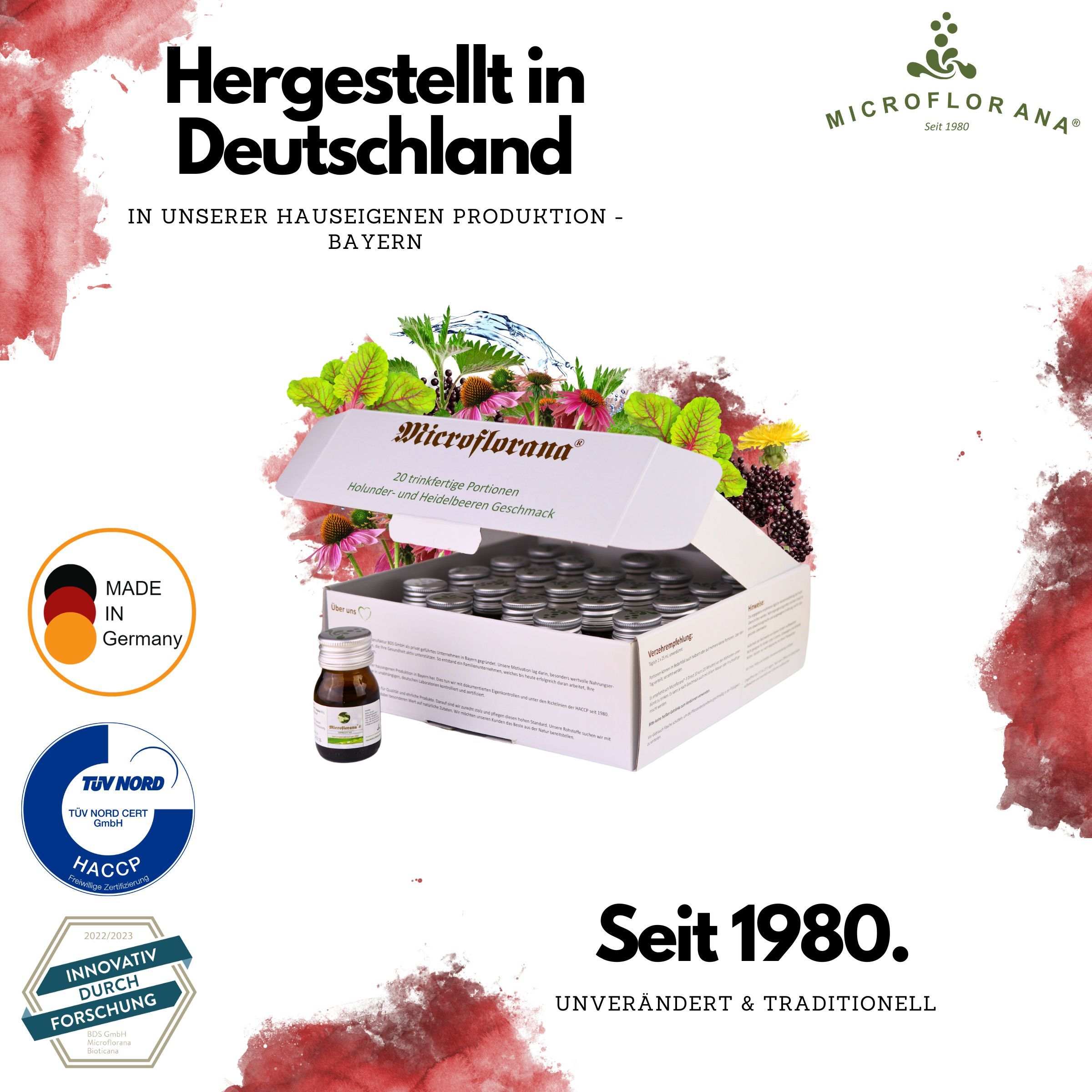 Geöffnete Schachtel mit Fläschchen von Microflorana. Aufschrift: Hergestellt in Deutschland. Logo und Zertifizierungen.