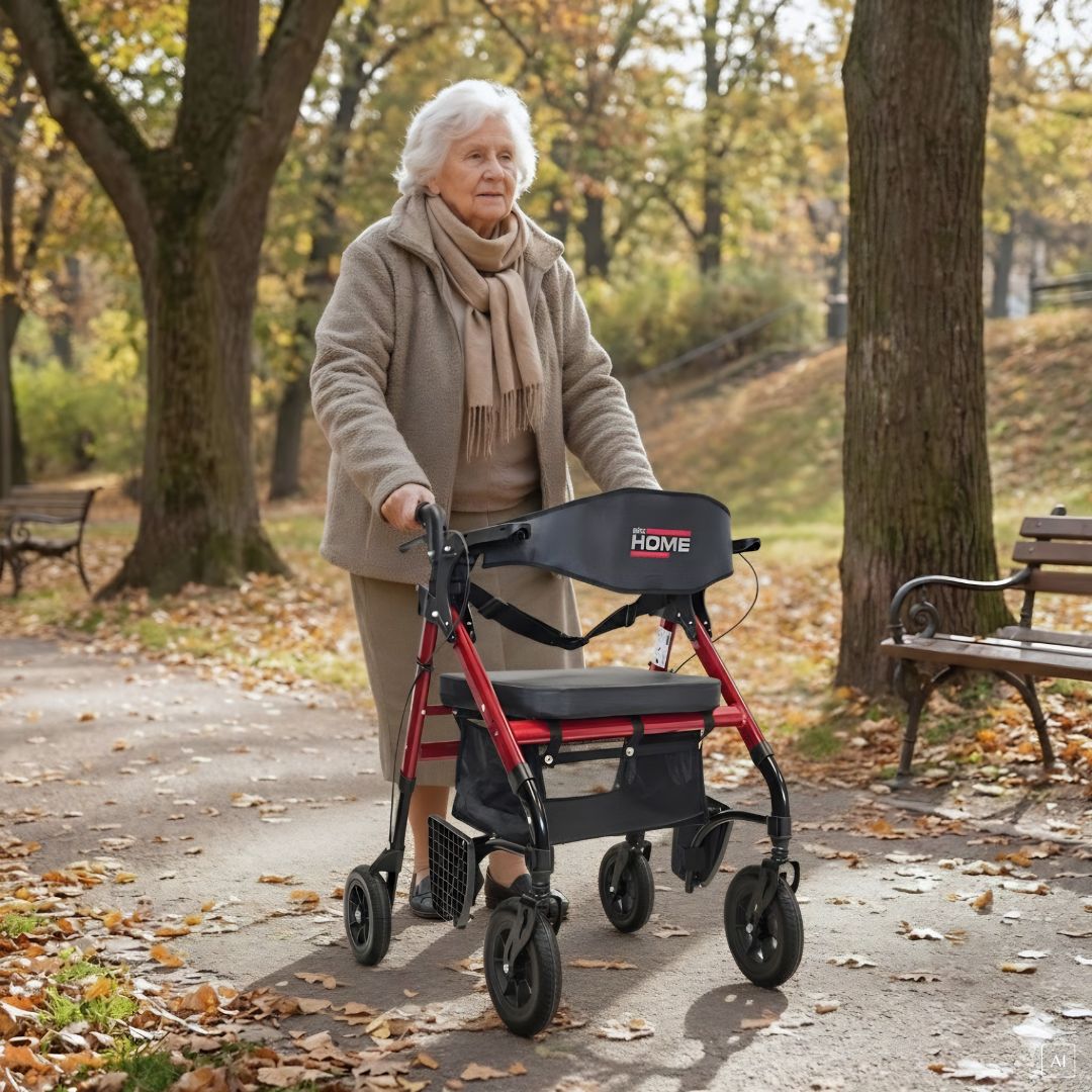 Ältere Frau benutzt einen roten Rollator im Park.