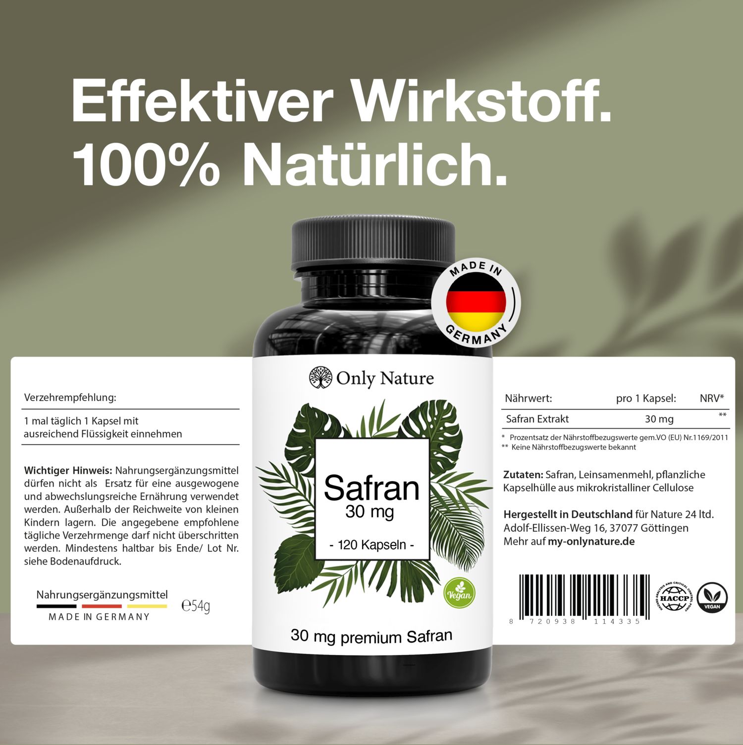 Schwarze Flasche mit Safran Kapseln. Text: Effektiver Wirkstoff. 100% Natürlich. Made in Germany. Produktinformationen.
