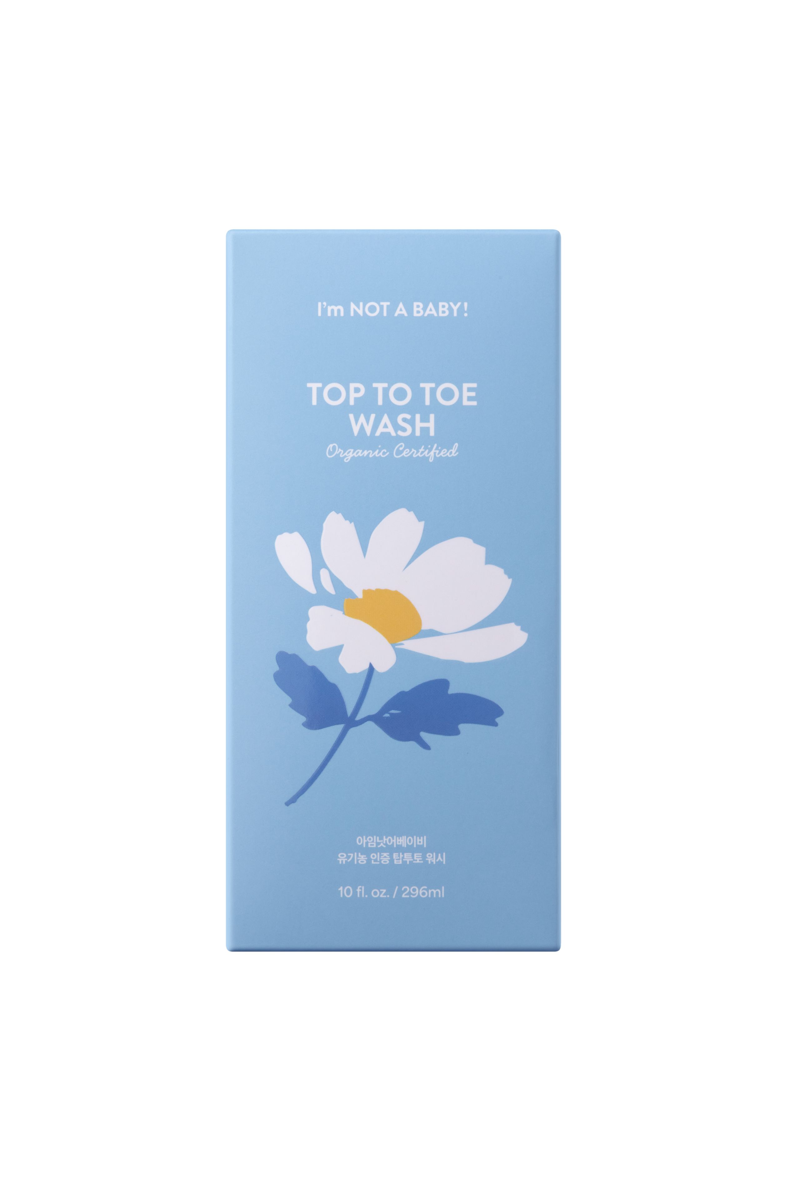Hellblaue Verpackung für "Top to Toe Wash" mit Blumenillustration. Enthält 296ml.