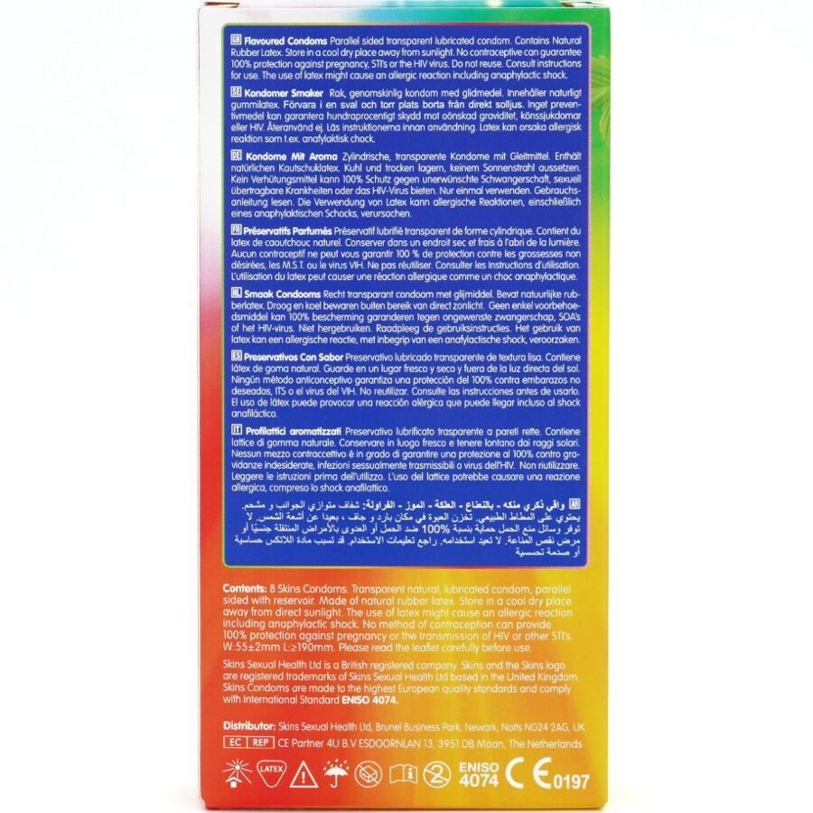 Rückseite einer Verpackung mit Kondomen. Text in mehreren Sprachen. Enthält Informationen zu Inhaltsstoffen und Gebrauch.