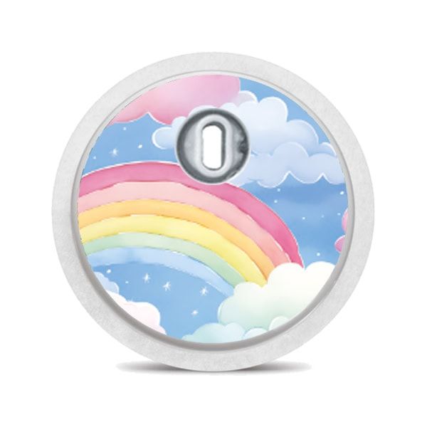 Runder Sensor mit Regenbogen-Wolken-Design. Weißer Rand, silberner Mittelteil. Marke Diasticker.
