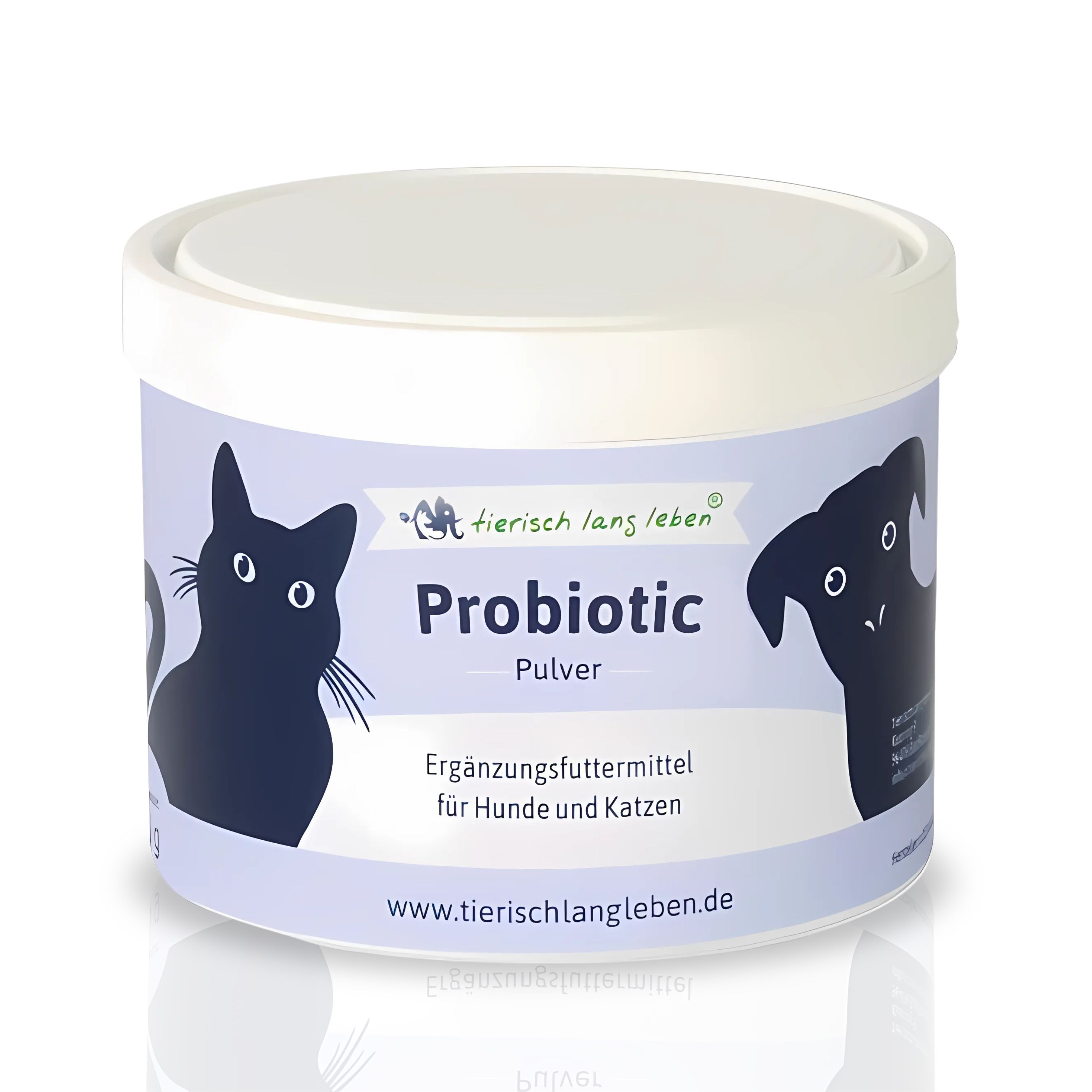 Behälter mit "Probiotic Pulver"-Aufdruck. Katzen- und Hunde-Silhouette. Text: "Ergänzungsfuttermittel für Hunde und Katzen".
