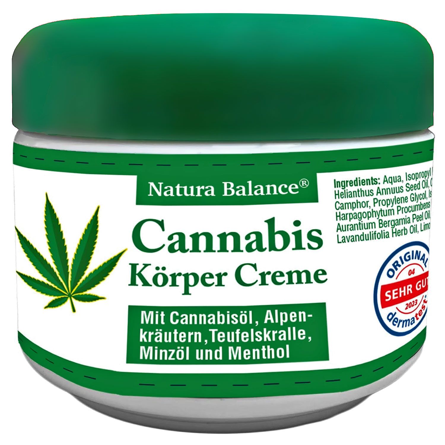 Creme-Dose mit grünem Deckel. Aufschrift: Cannabis Körper Creme. Enthält Cannabisöl, Alpenkräuter, Teufelskralle, Minzöl und Menthol.