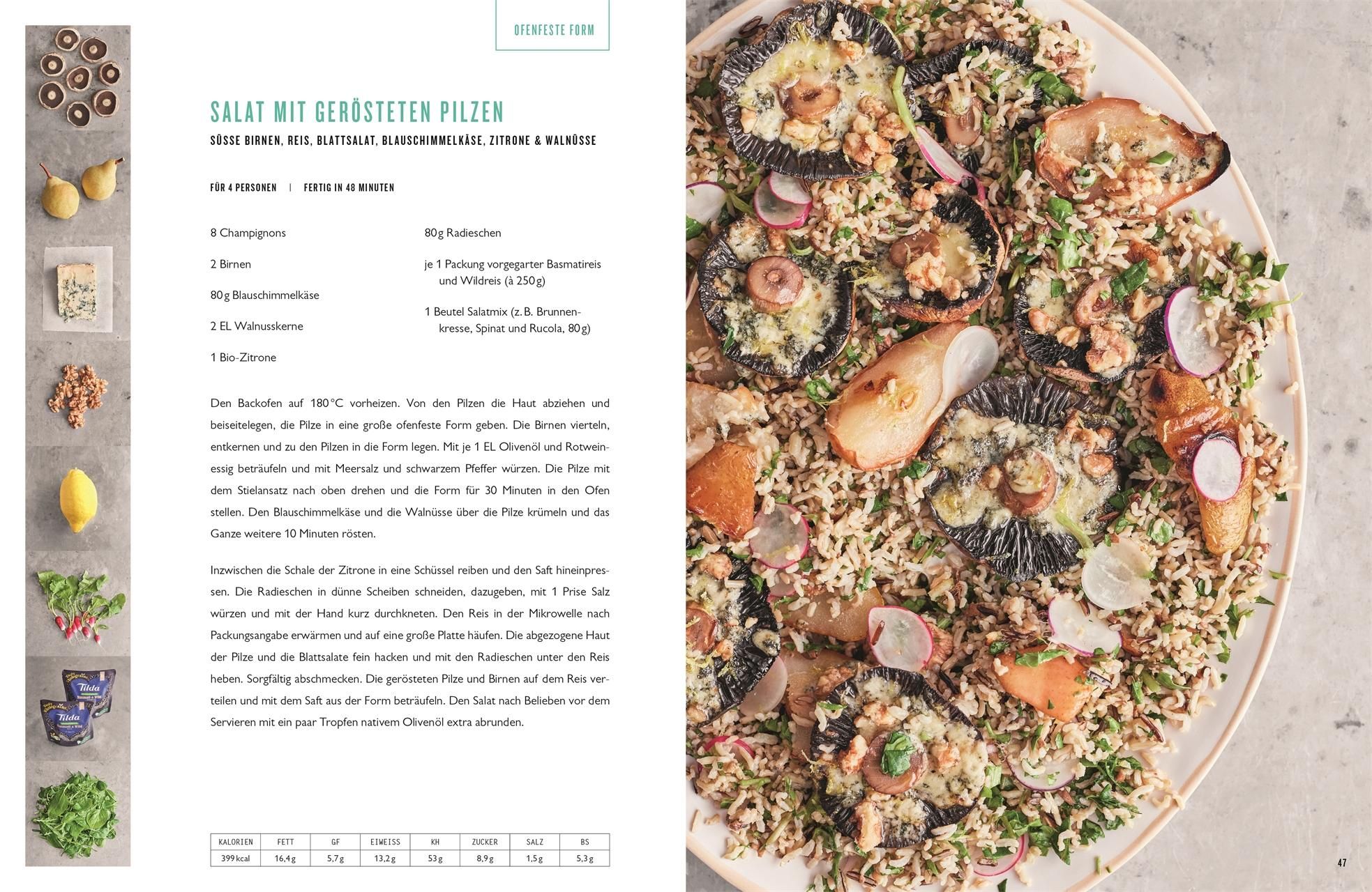 Rezeptseite im Kochbuch ONE. Salat mit gerösteten Pilzen. Zutaten und Zubereitung.