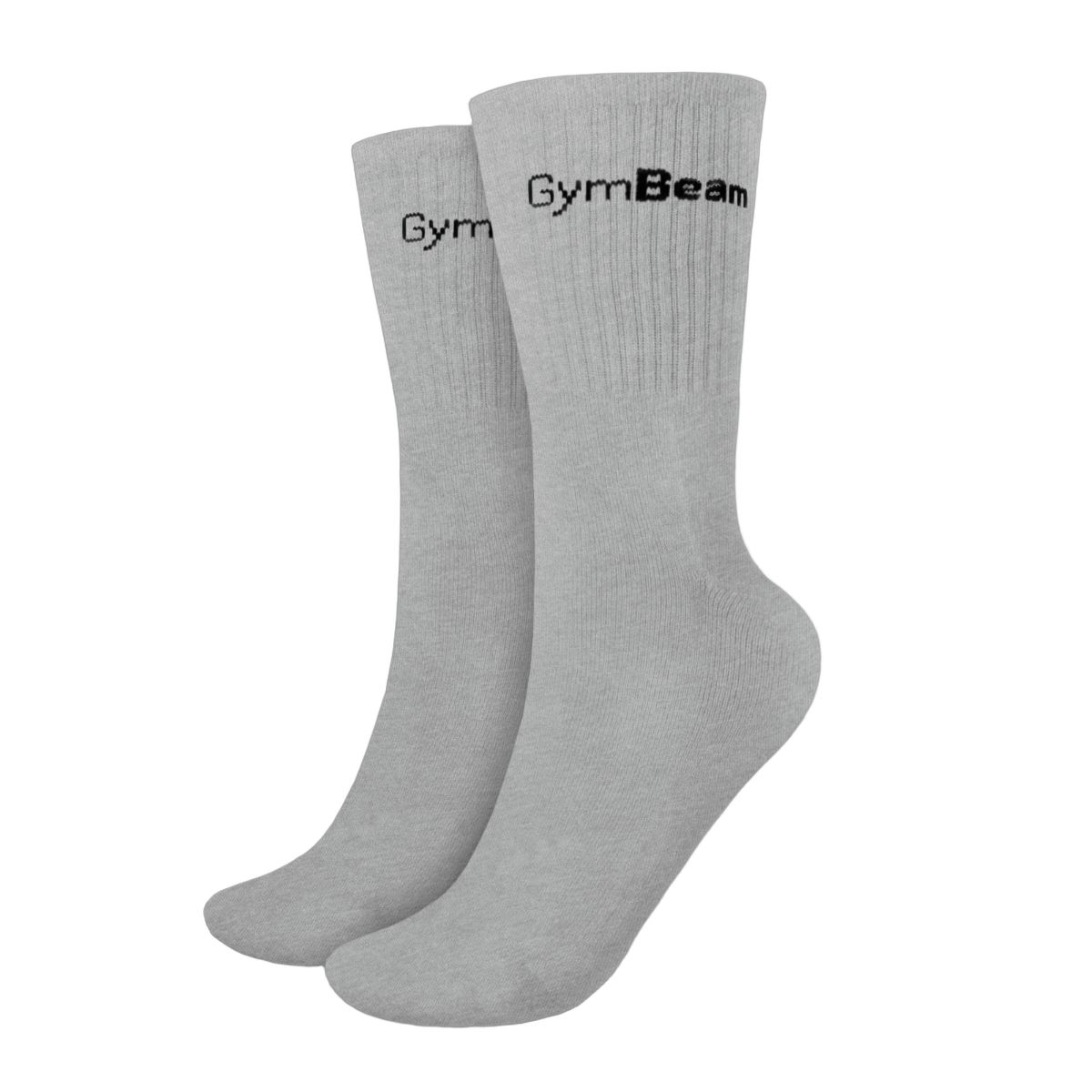 Zwei Paar graue Unisex-Socken aus Baumwolle, Nylon und Elasthan mit GymBeam-Logo.