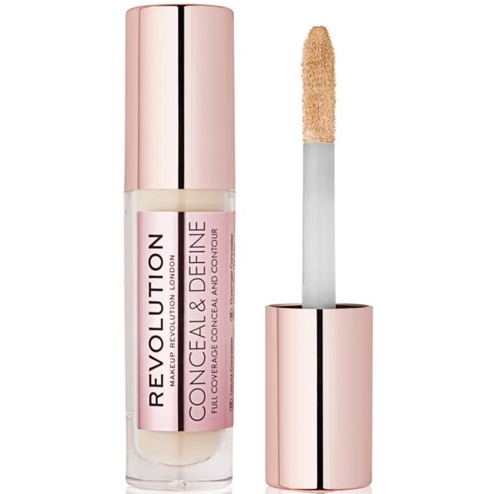 Concealer-Tube mit roségoldfarbenem Deckel und Applikator. Aufkleber mit "REVOLUTION CONCEAL & DEFINE".