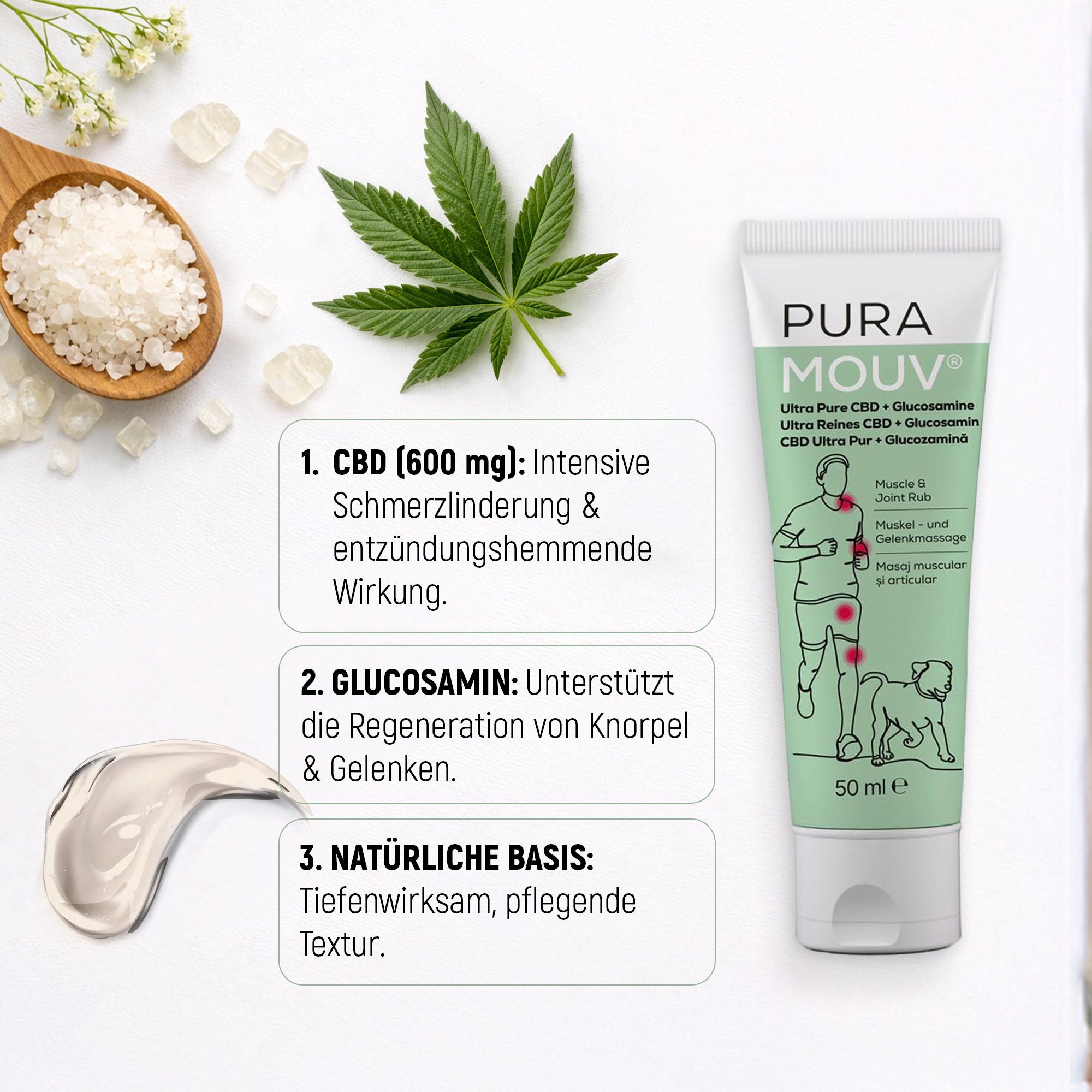 BHW PuraMouv Muskel- & Gelenk Balsam CBD & Glucosamin Tube mit Zutaten: CBD, Glucosamin, Meersalz.