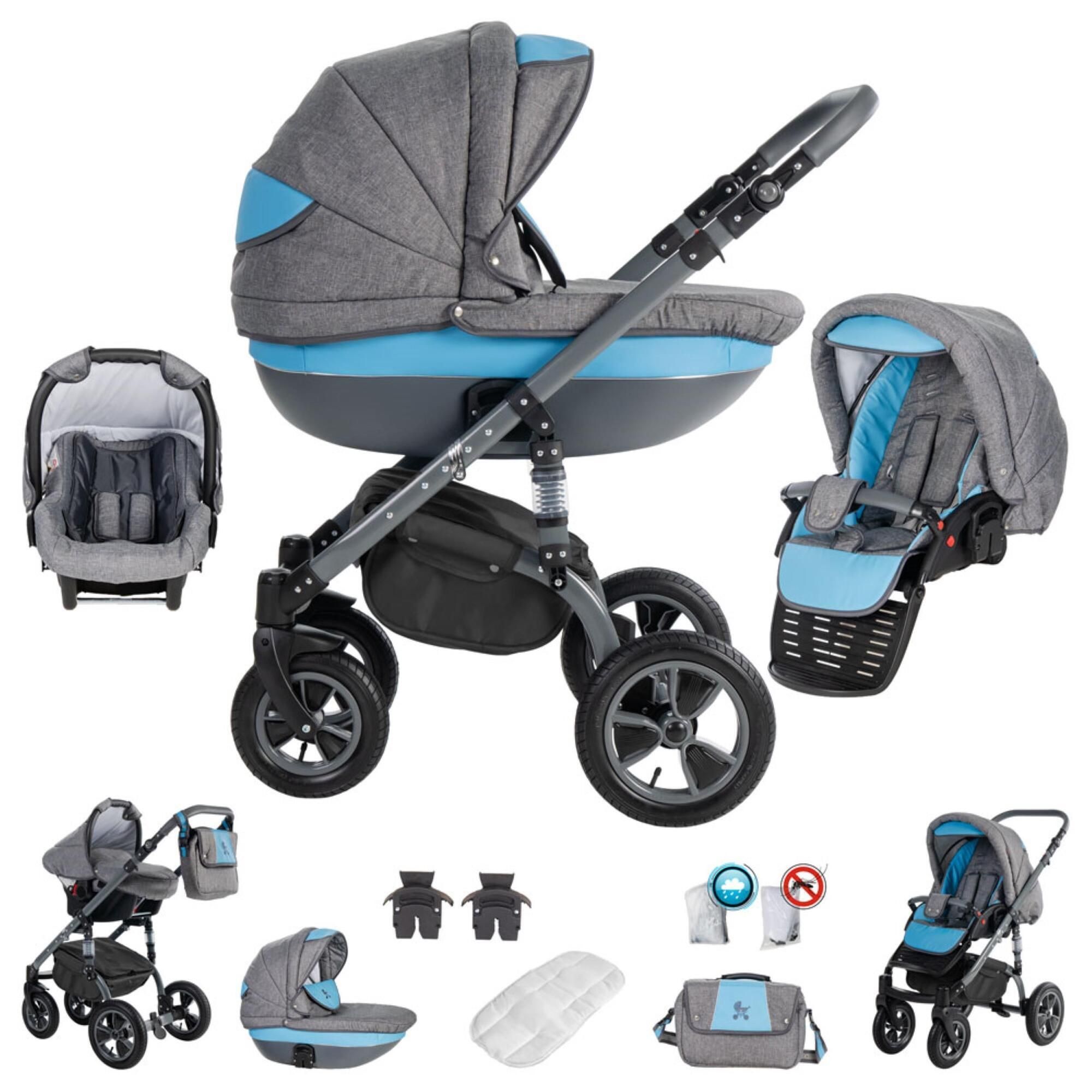 Friedrich Hugo Greyline 3 in 1 Kinderwagen Komplettset Luftreifen, Blue
