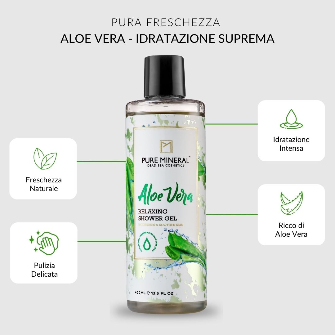 Bagnoschiuma Aloe Vera, flacone con tappo nero. Testo: Pure Mineral, Aloe Vera, Relaxing Shower Gel.
