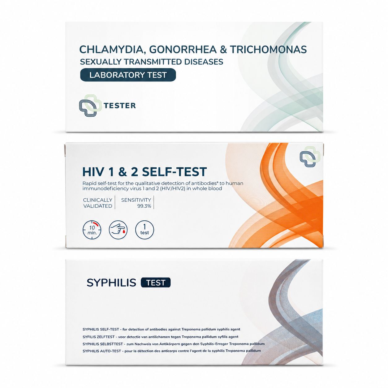Drei Testkits: Chlamydien, Gonorrhoe, Trichomonaden, HIV und Syphilis. Urintests für Männer.