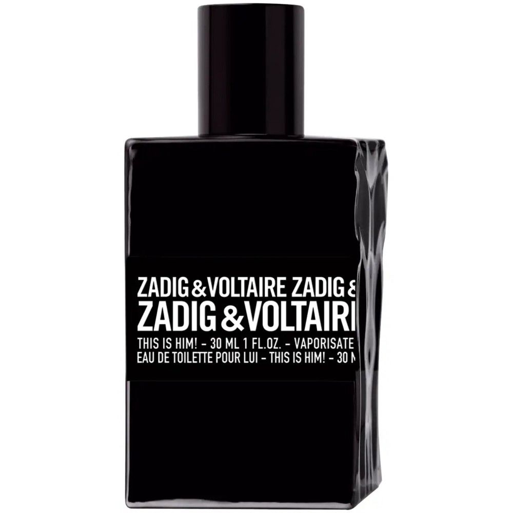 Schwarzer Flakon. Aufschrift: ZADIG & VOLTAIRE THIS IS HIM! Eau de Toilette. 30 ml.