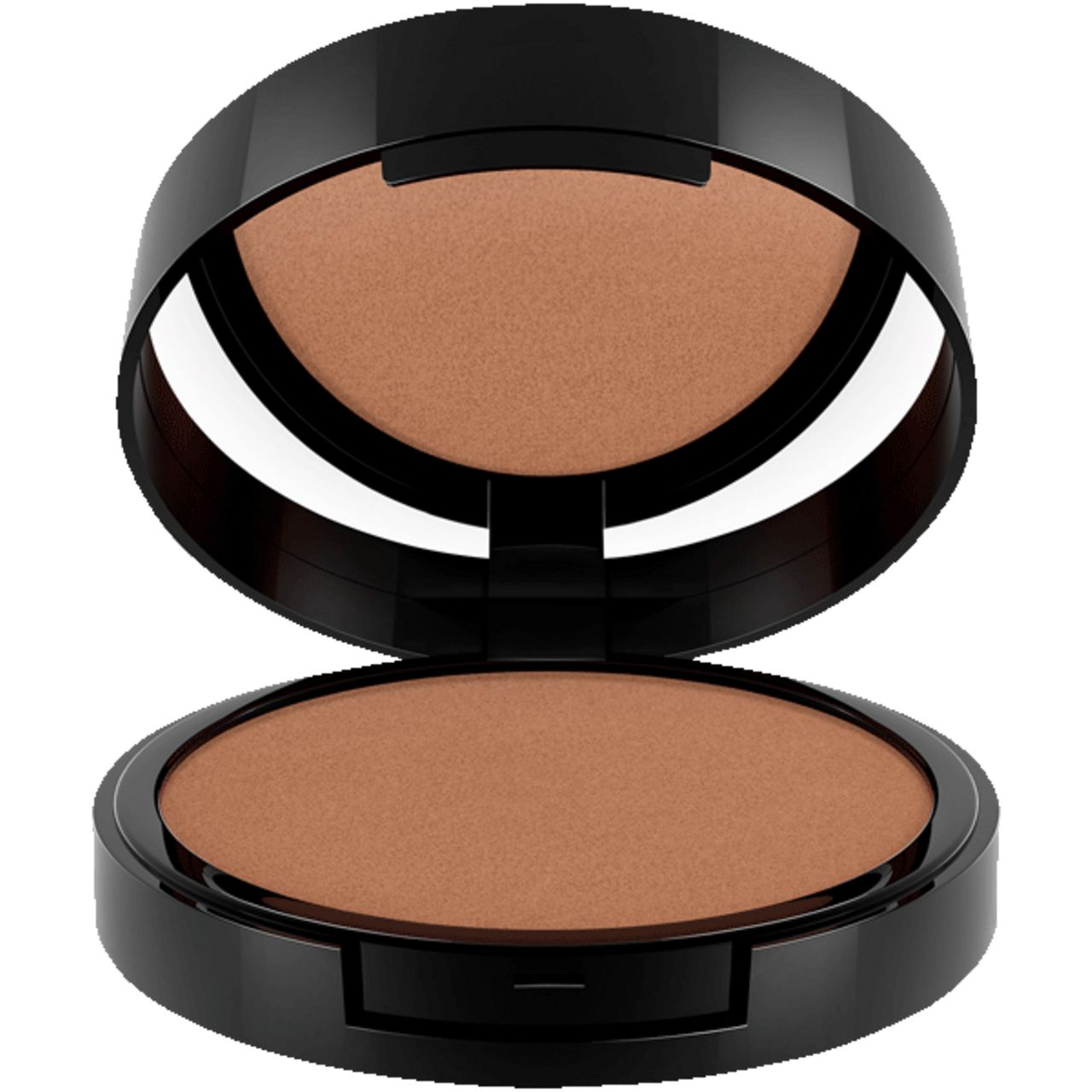 Offene, schwarze Kosmetikdose mit cremefarbenem Blush. Deckel mit Spiegel. Produkt mit brauner Farbe.