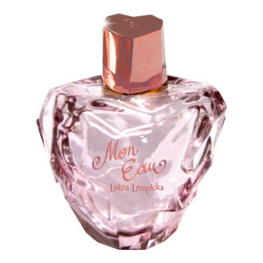 Rosa Parfümflakon in Herzform mit rosafarbenem Verschluss. Schriftzug Mon Eau und Lolita Lempicka. Facettiertes Glas.