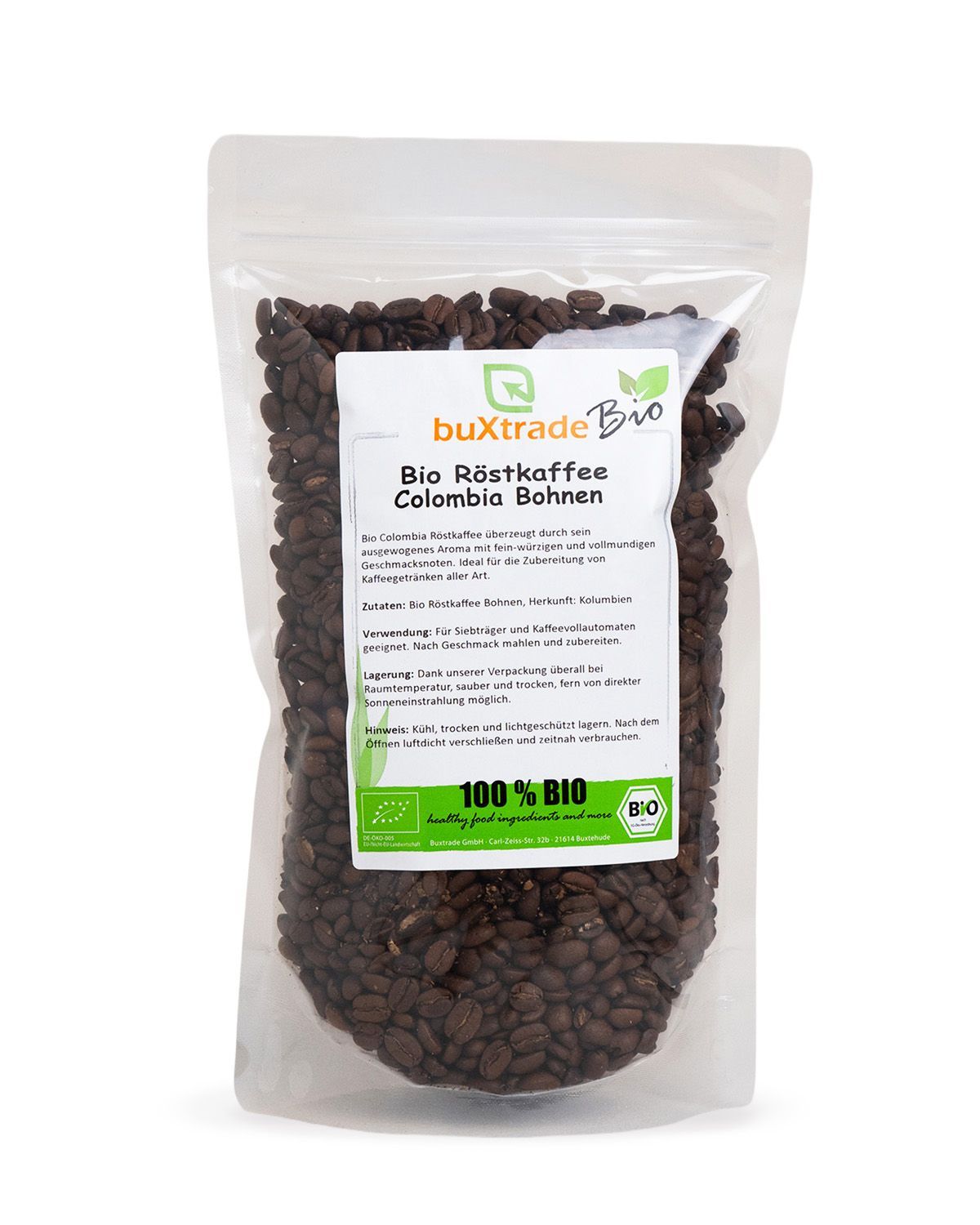 Verpackung mit Bio-Röstkaffee Colombia Bohnen, mit Etikett und Siegeln.