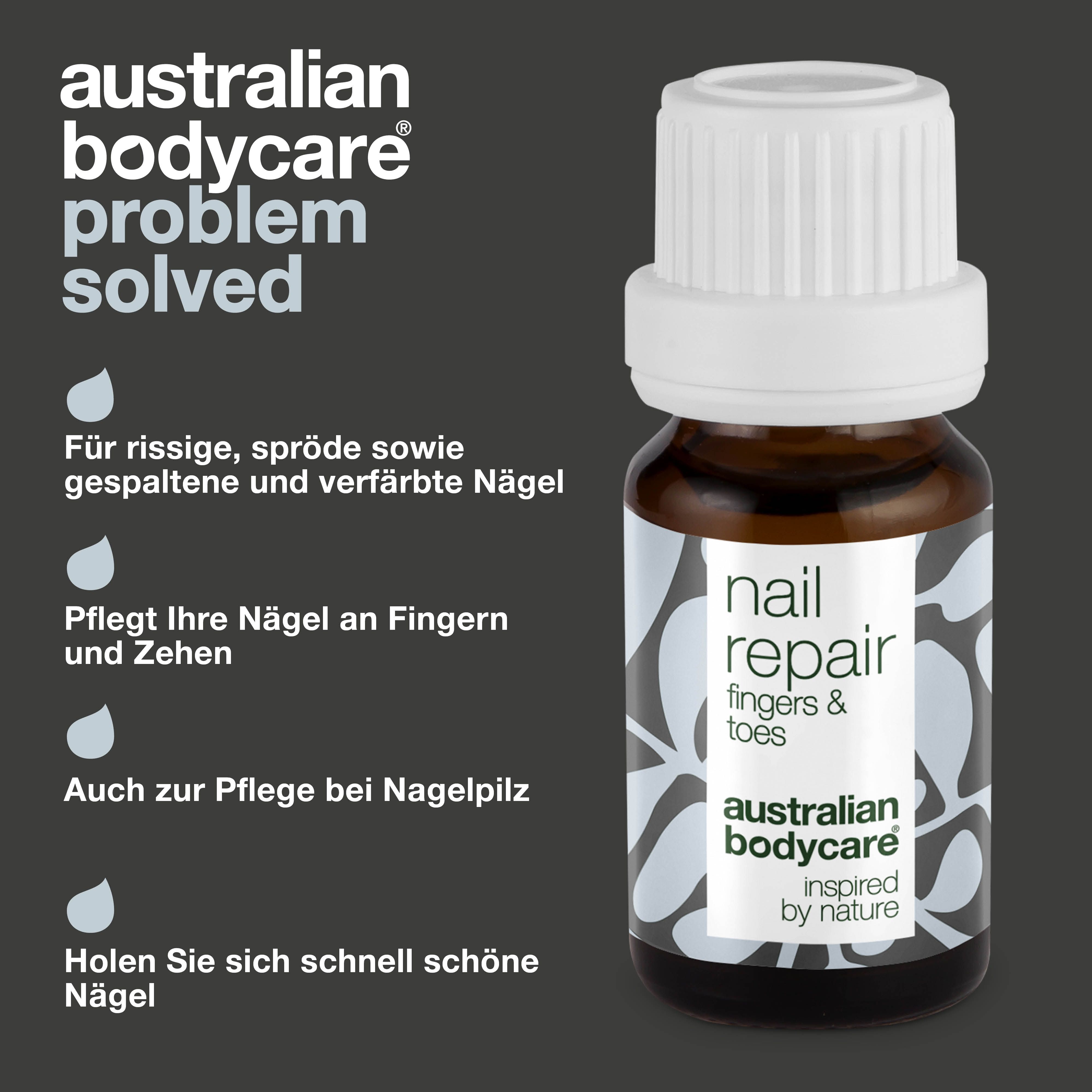 Flasche "nail repair" und "australian bodycare". Text über Vorteile. Schwarzer Hintergrund.