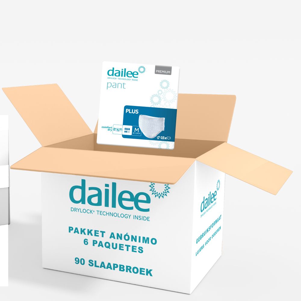 Open doos met Dailee Pants Plus verpakking. 90 Pants. Anonieme verpakking.
