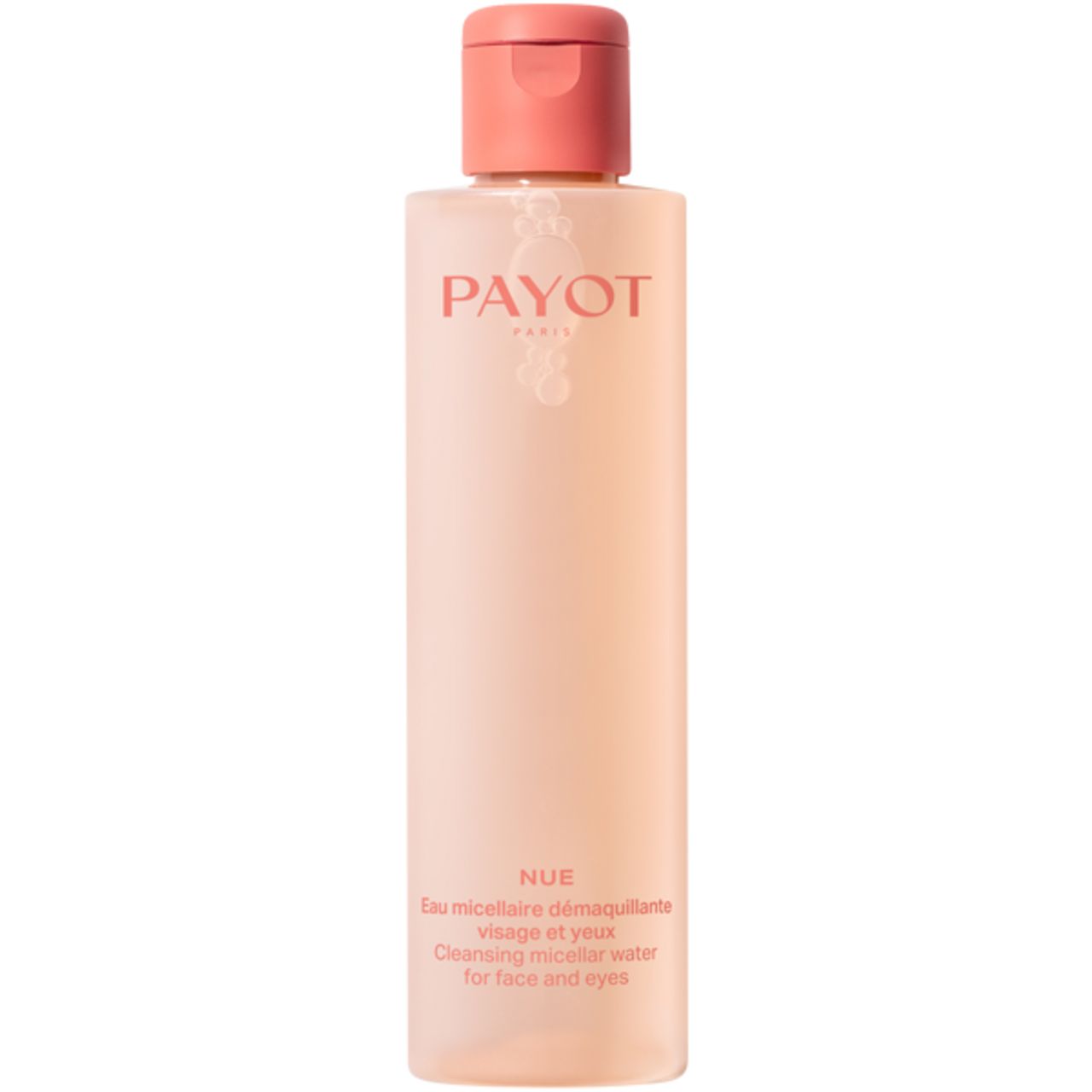 Payot Flasche, rosa, mit rosafarbenem Deckel. Aufschrift: PAYOT. Text: Nue Eau Micellaire Démaquillante, Cleansing micellar water for face and eyes.