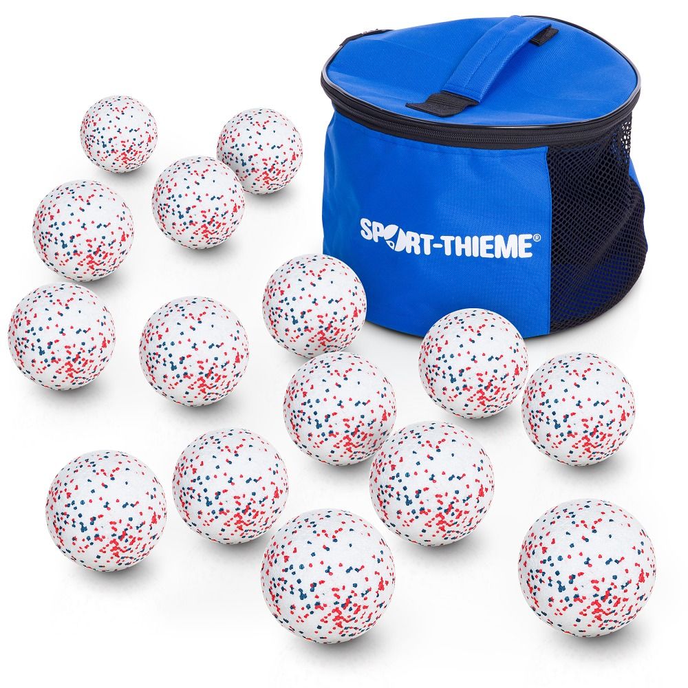 Set aus weißen Faszienbällen mit roten und blauen Punkten. Blaue Tragetasche mit Sport-Thieme-Logo.