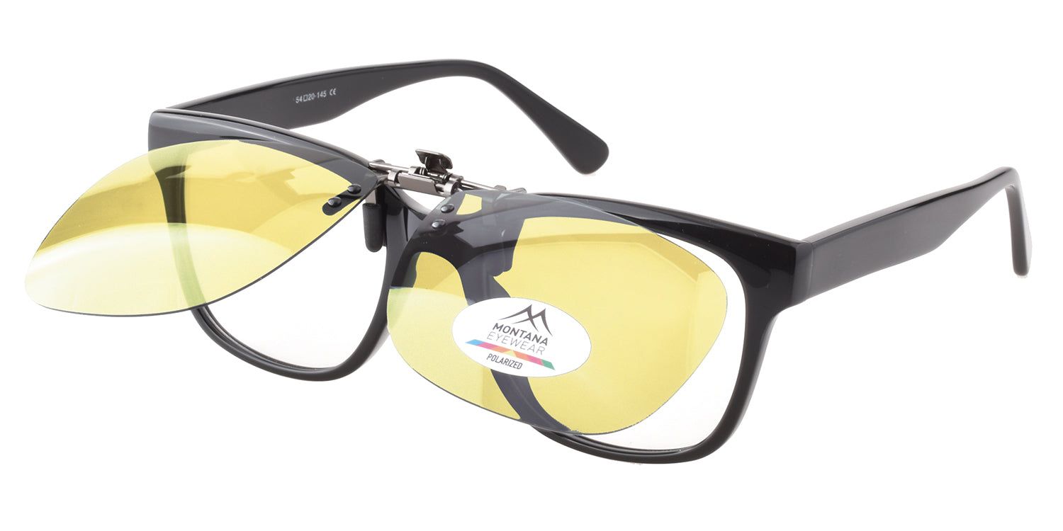 Schwarze Brille mit gelbem Clip-on-Aufsatz. Montana Eyewear Logo und polarisiertes Label.