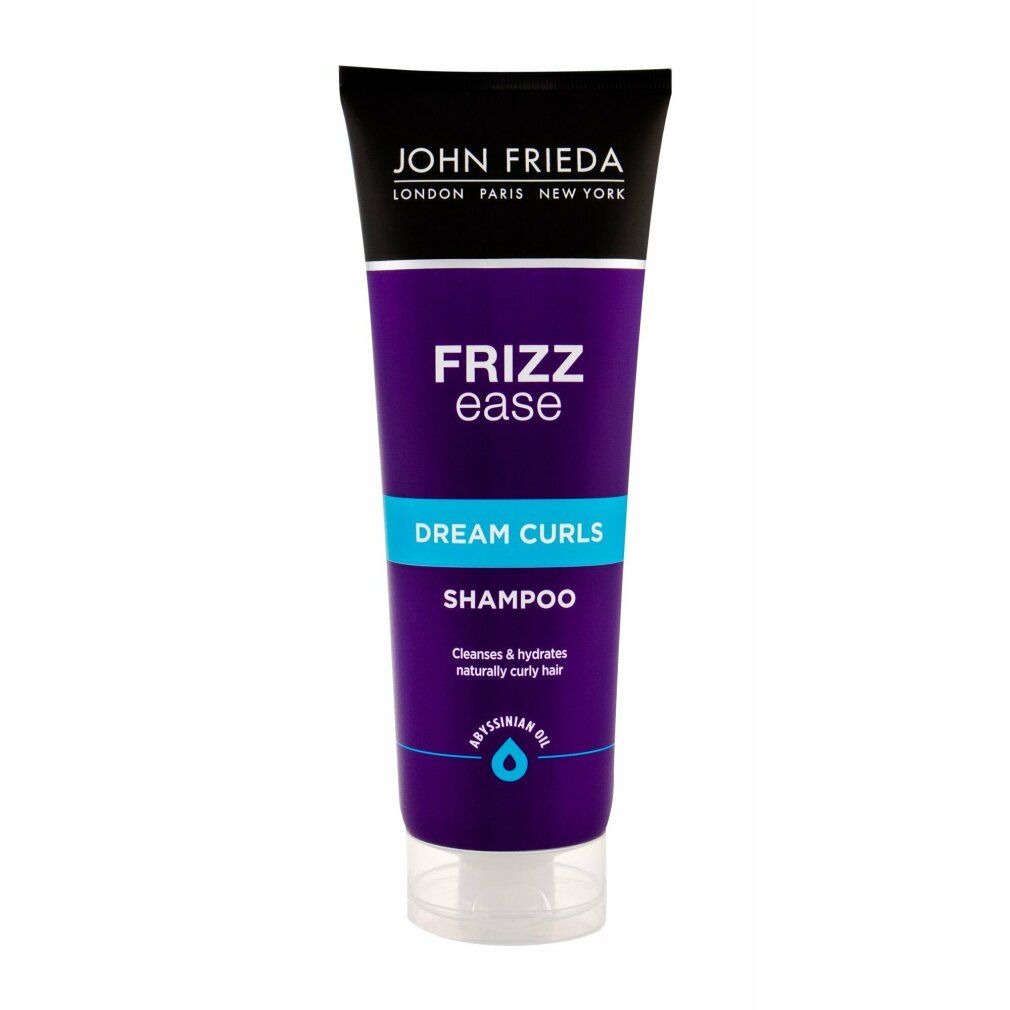 John Frieda Frizz Ease Dream Curls Shampoo. Lila Tube mit schwarzem Deckel. Text: Frizz Ease, Dream Curls, Shampoo.